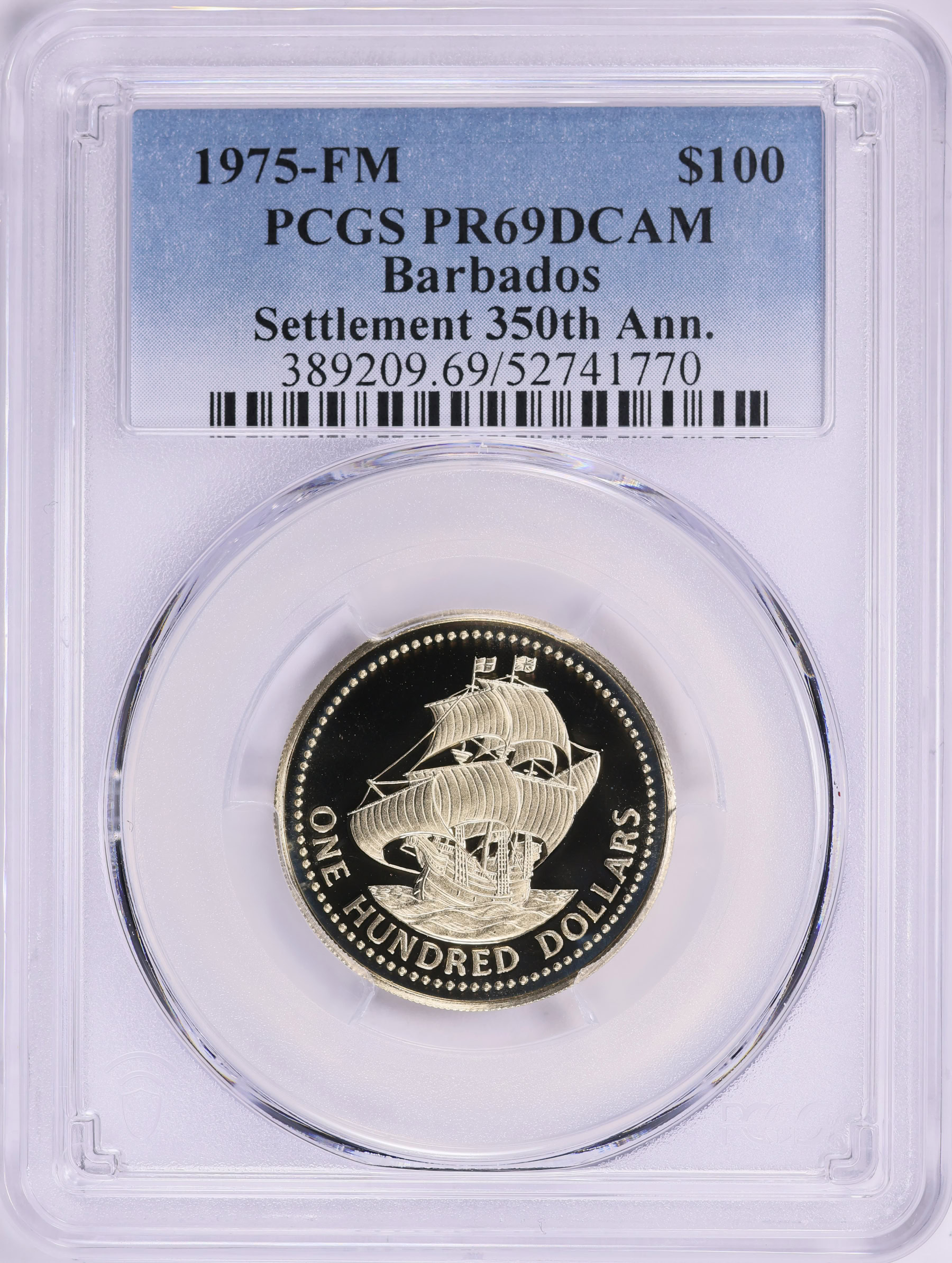 Barbados 1975-FM Gold $100 The English Ship Olive Blossom 350th 