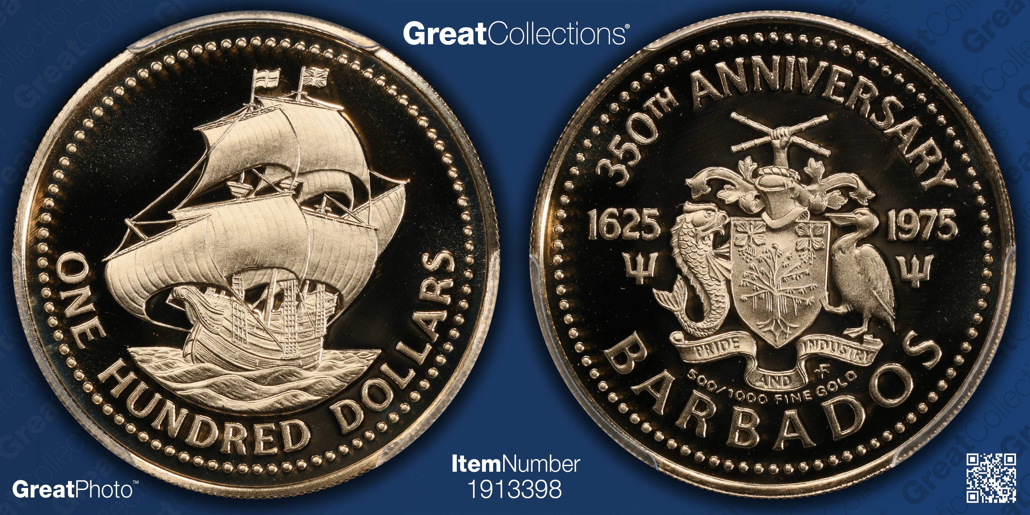 Barbados 1975-FM Gold $100 The English Ship Olive Blossom 350th 