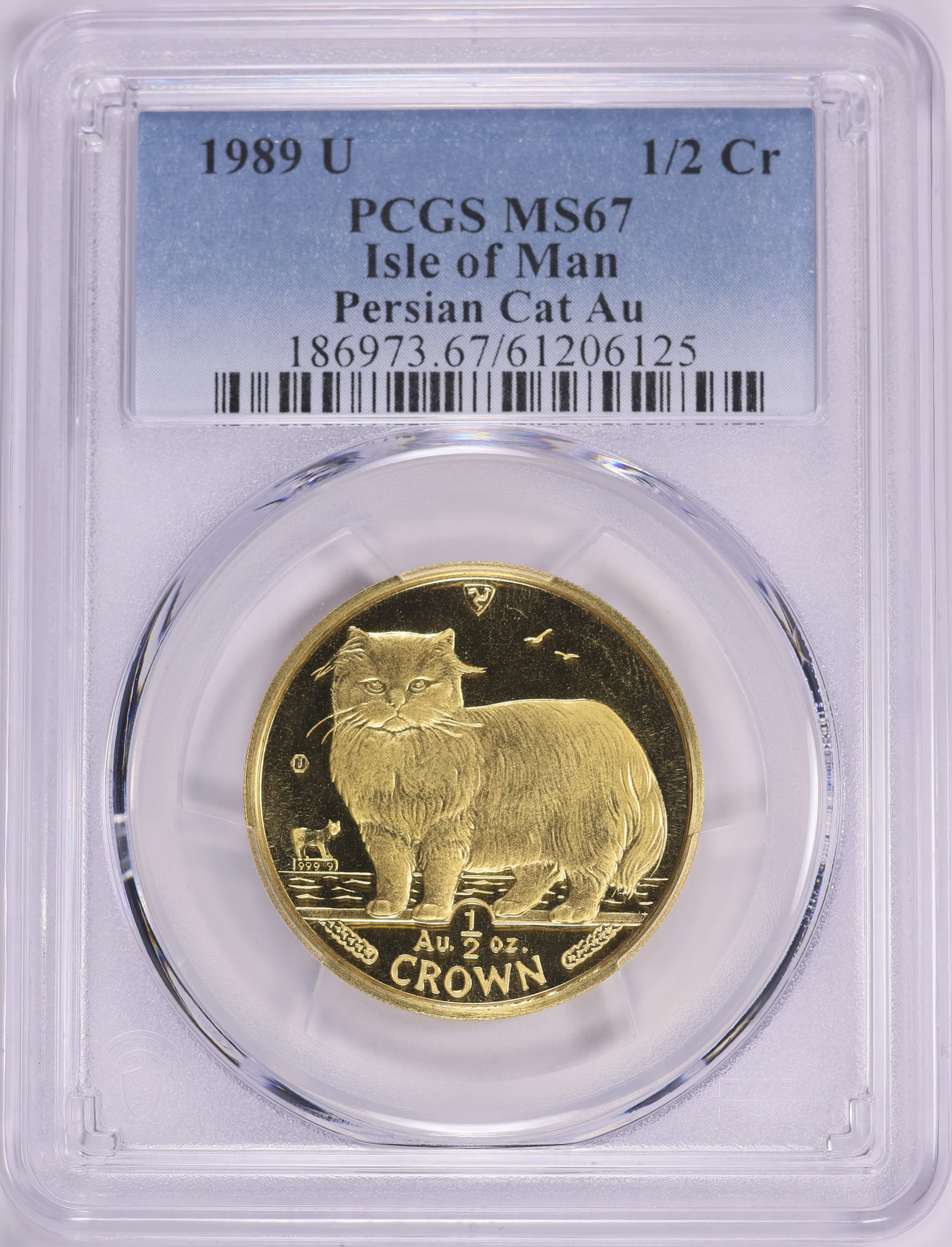 Isle of Man 1989-U Gold 1/2 Crown Persian Cat KM-255 PCGS MS-67