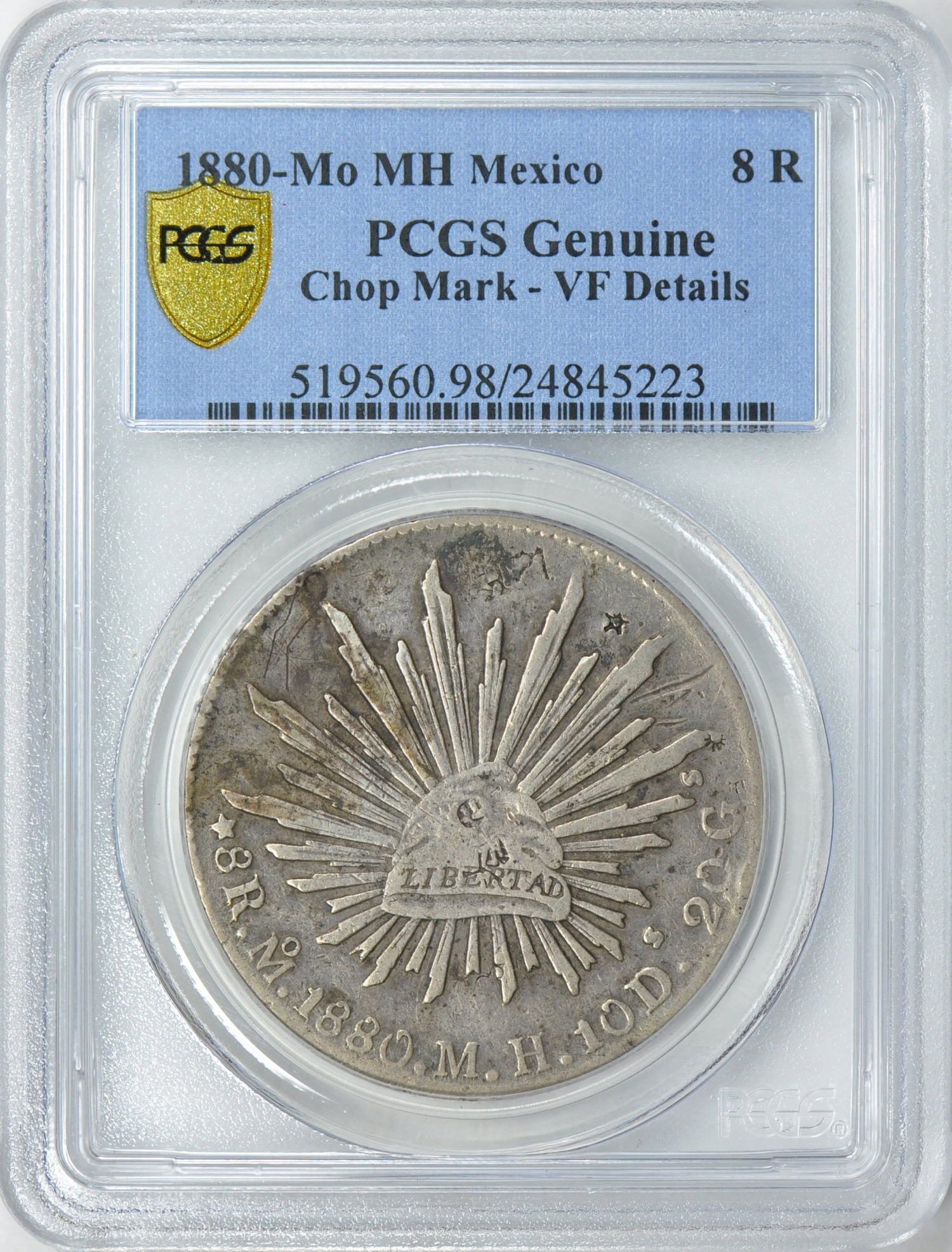 Mexico 1880-Mo MH Silver 8 Reales Chop Mark PCGS Genuine VF