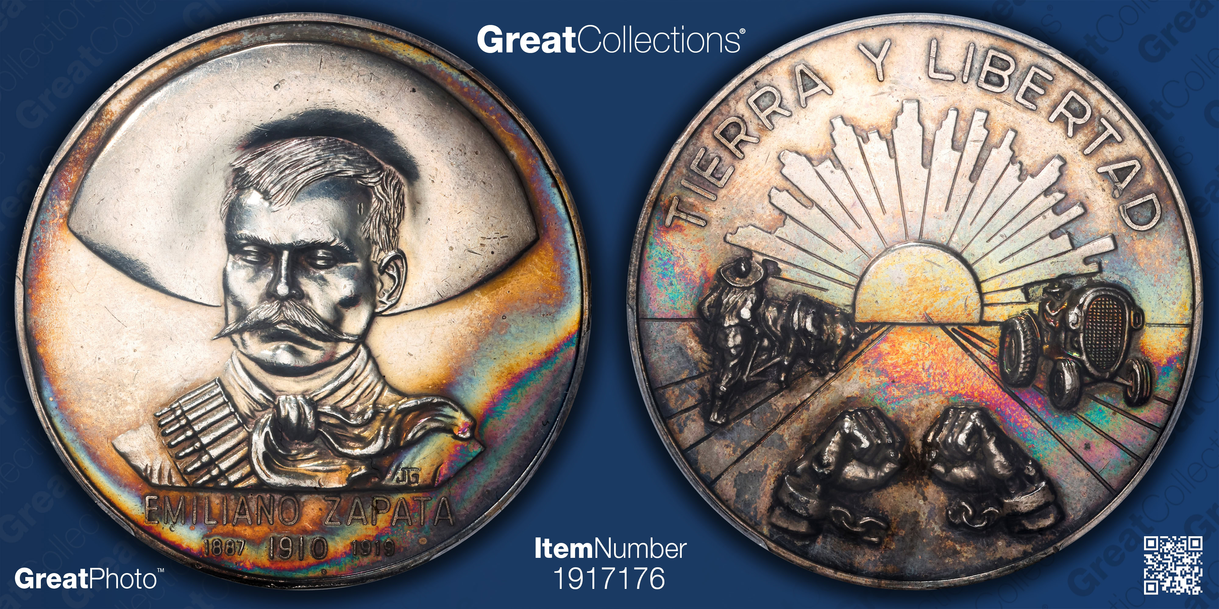 最終値下[激レア]MARLEN Humanitas M/14K Mexico ND (1960) Silver 37mm Emiliano Zapata Medal PCGS MS-62