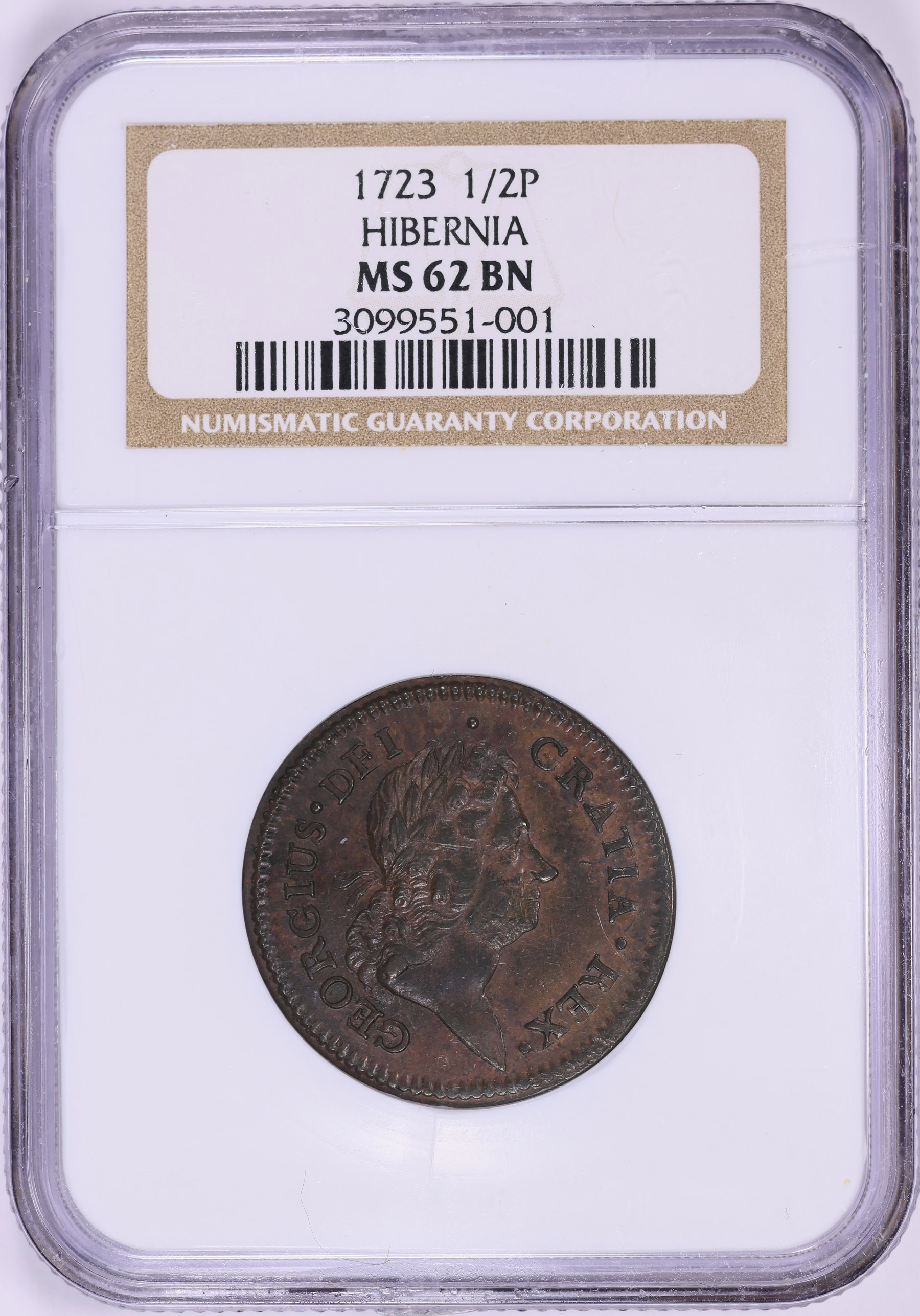 1723 Woods Hibernia Halfpence NGC MS-62 BN (Item 1917720