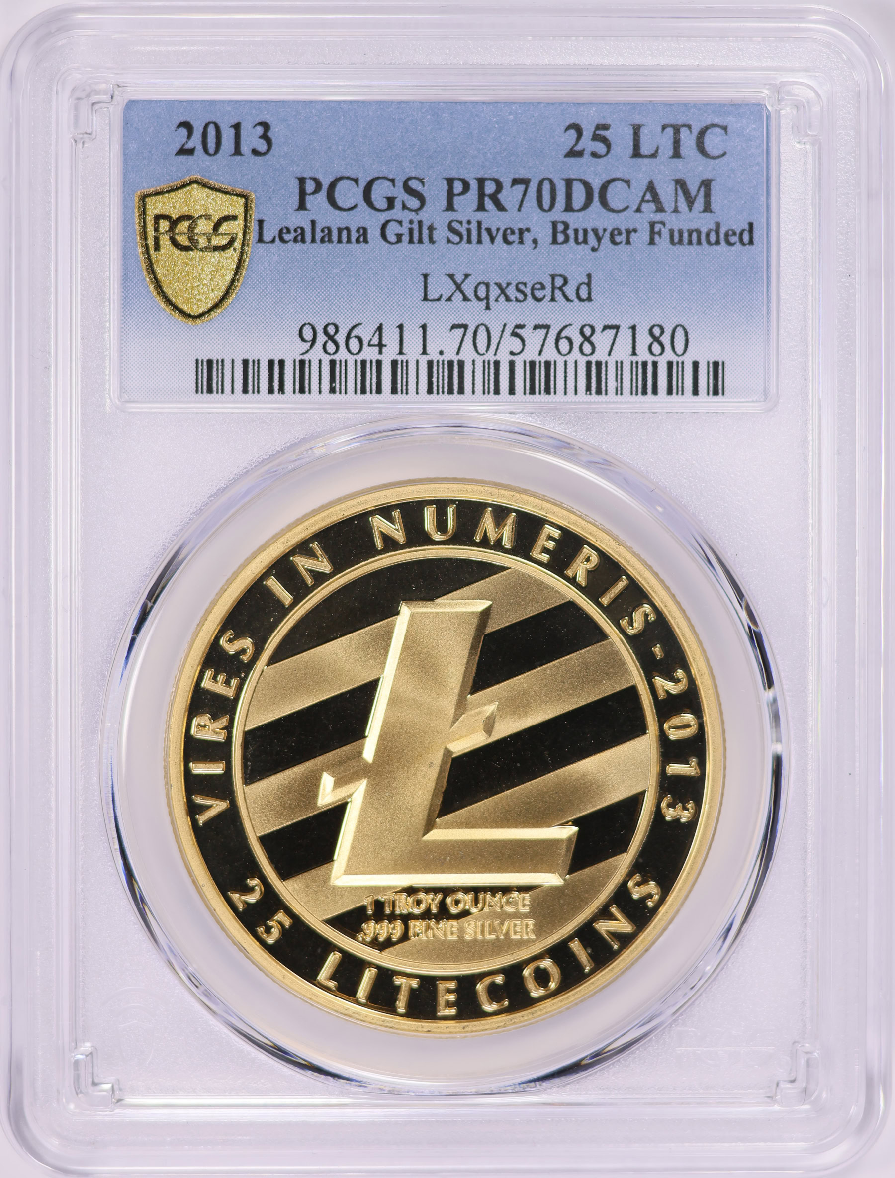 2013 Fully Funded Gilt Silver 25 Litecoins Lealana Buyer Funded With  Certified Certificate of Authenticity PCGS Proof-70 DCAM (Rare 1 of 1 From  7 Coin Set Noah 