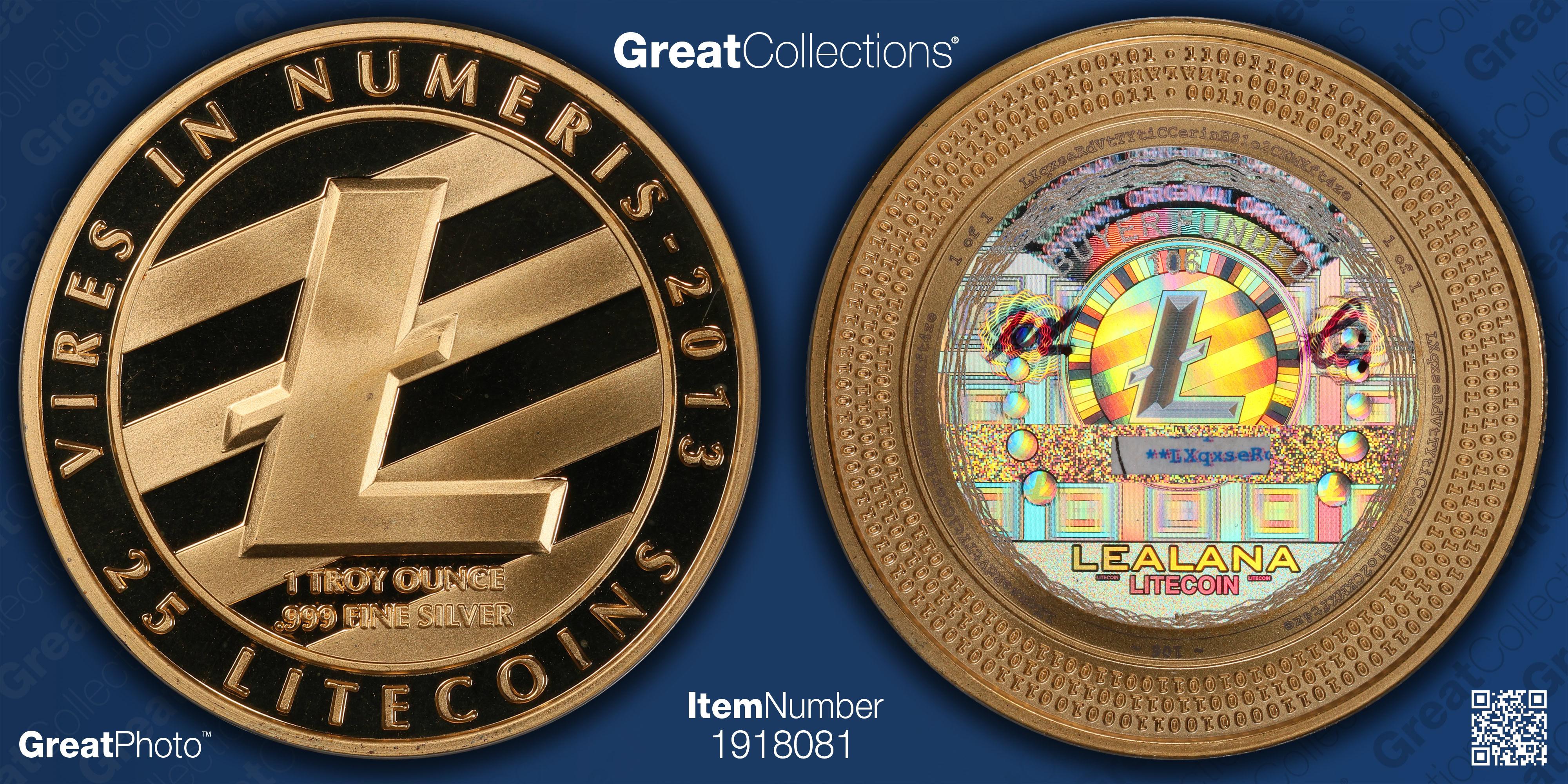 2013 Fully Funded Gilt Silver 25 Litecoins Lealana Buyer Funded With  Certified Certificate of Authenticity PCGS Proof-70 DCAM (Rare 1 of 1 From  7 Coin Set Noah 