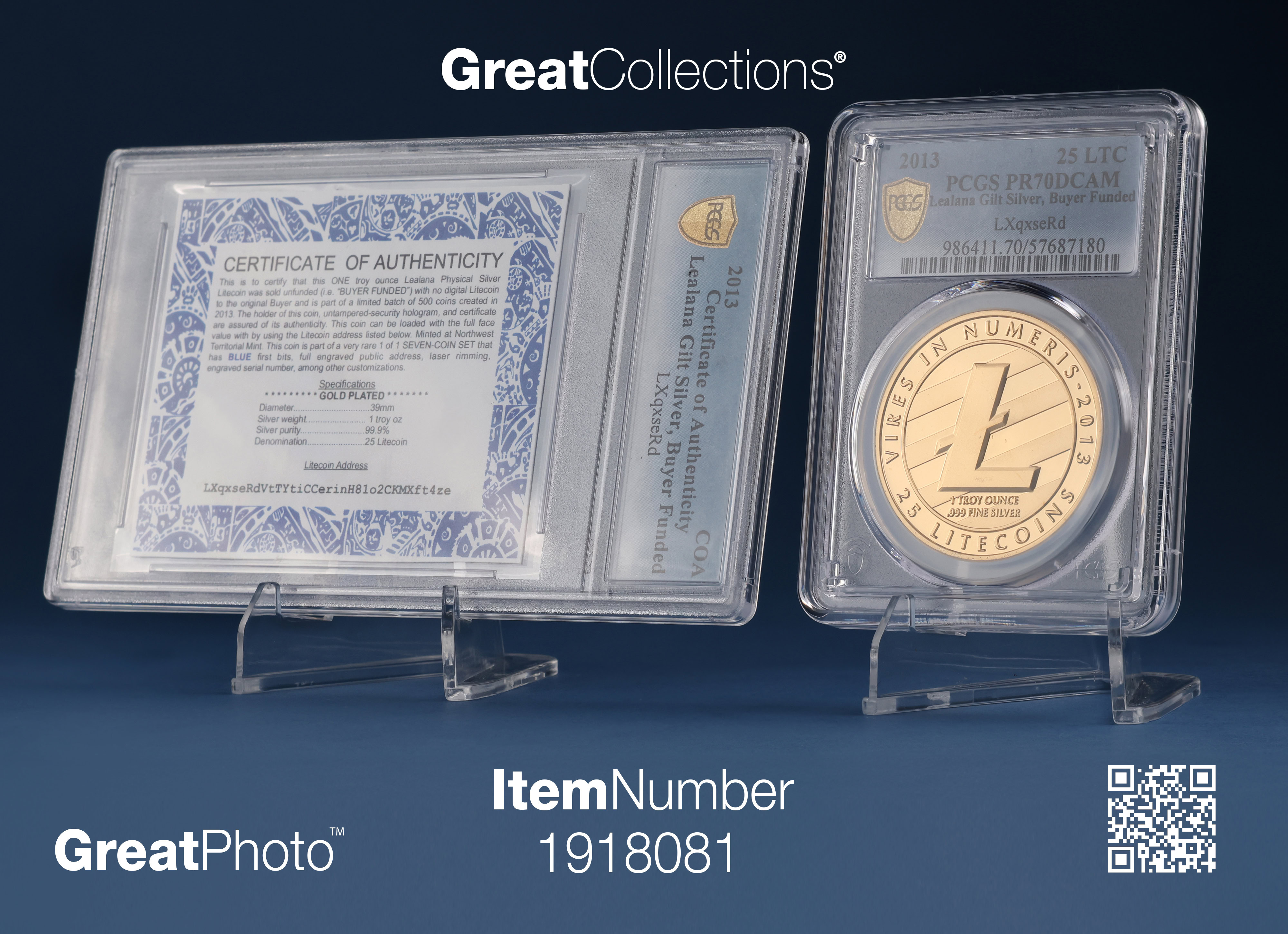 2013 Fully Funded Gilt Silver 25 Litecoins Lealana Buyer Funded With  Certified Certificate of Authenticity PCGS Proof-70 DCAM (Rare 1 of 1 From  7 Coin Set Noah 
