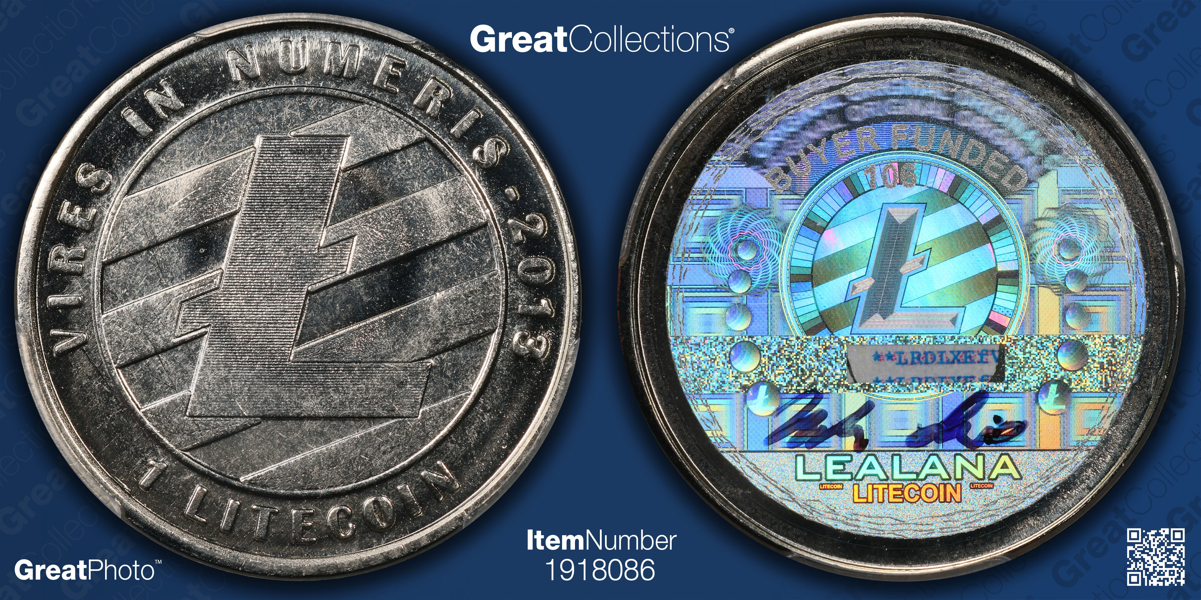 2013 Fully Loaded 1 Litecoin Lealana Buyer Funded With Certified  Certificate of Authenticity PCGS MS-65 (Rare 1 of 1 From 7 Coin Set Noah  