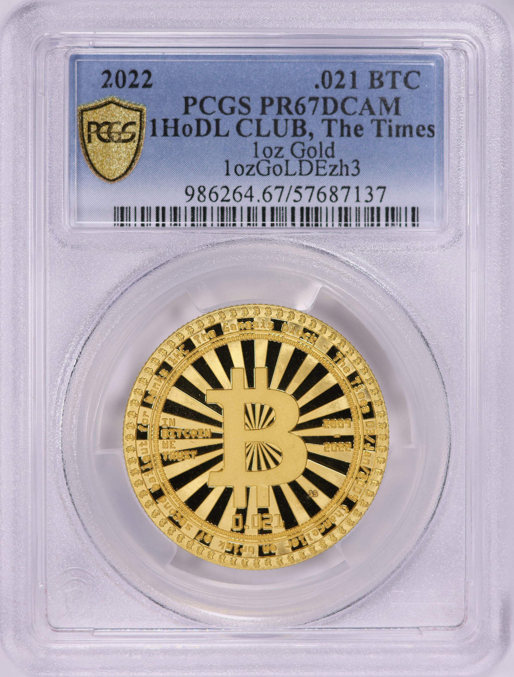 2022 Gold 1oz 0.021 Bitcoin 1HODL CLUB The Times With Certified Certificate  of Authenticity and Case of Issue PCGS Proof-67 DCAM (AGW = 0.999 oz.) |  PCGS Cert #57687137 | GreatCollections Coin Auctions Item #1918089