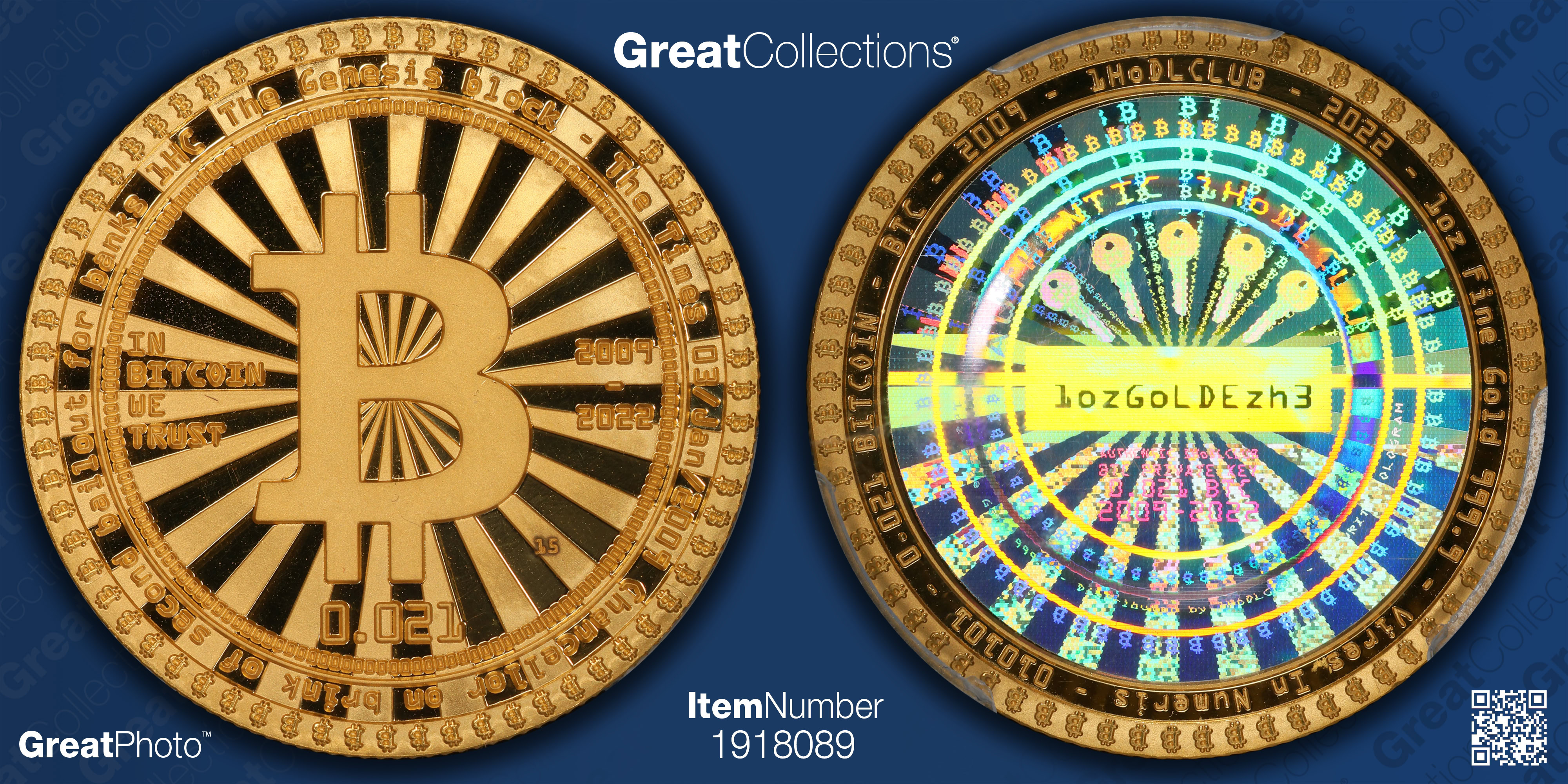 2022 Gold 1oz 0.021 Bitcoin 1HODL CLUB The Times With Certified Certificate  of Authenticity and Case of Issue PCGS Proof-67 DCAM (AGW = 0.999 oz.) |  PCGS Cert #57687137 | GreatCollections Coin Auctions Item #1918089