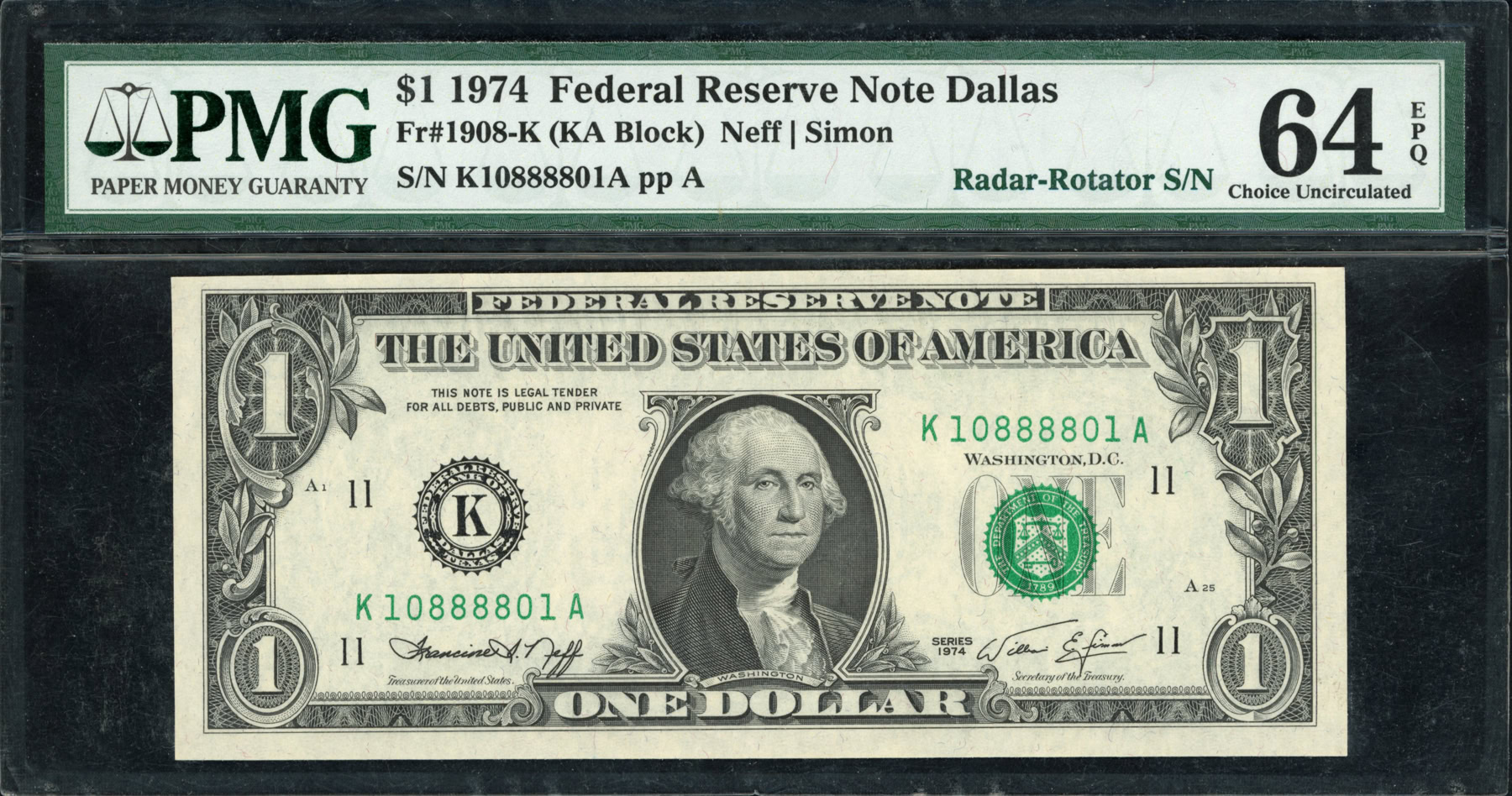 Fr. 1908-K (KA Block) 1974 $1 Dallas Federal Reserve Note *Radar ...