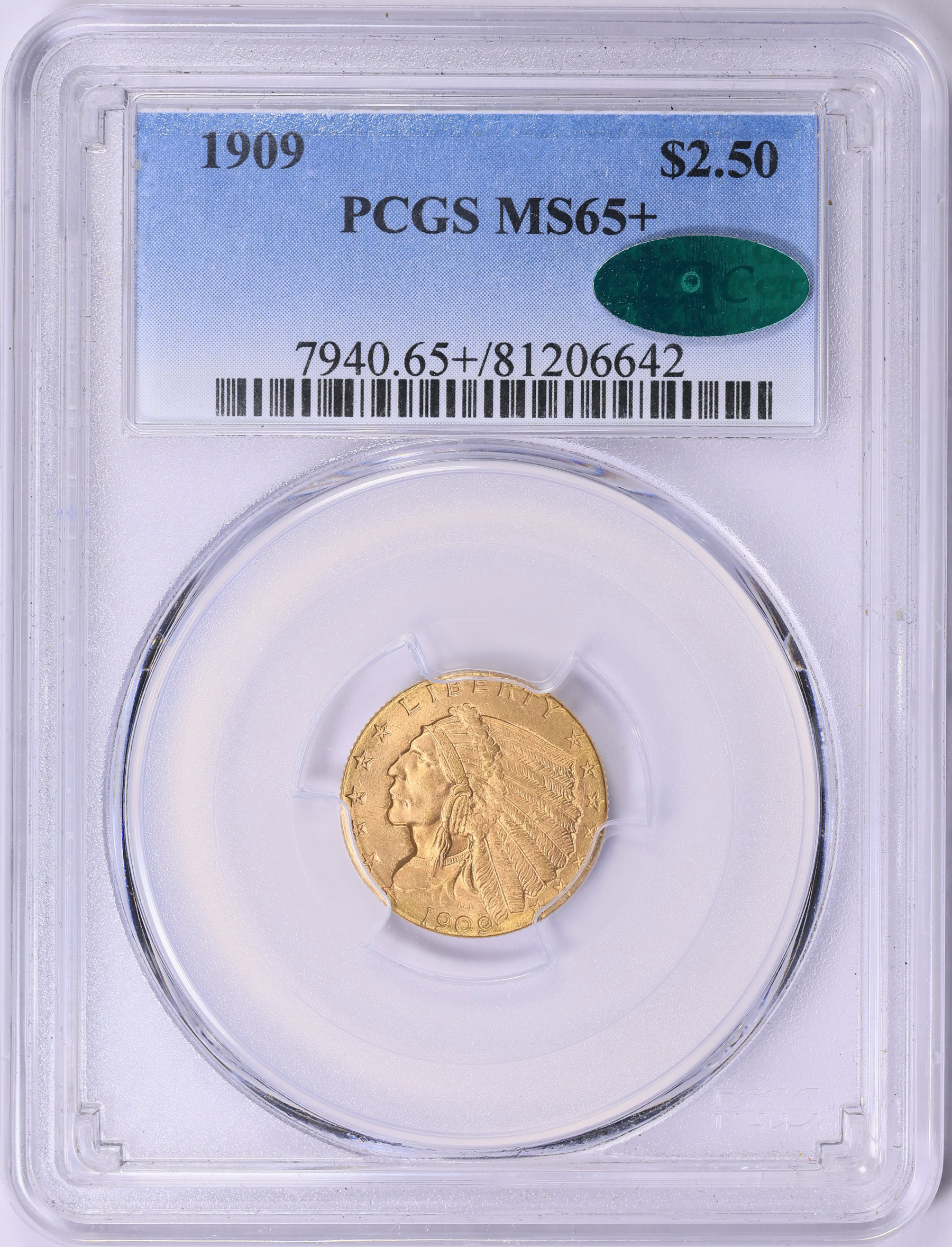 1909 Indian Gold Quarter Eagle PCGS MS-65+ (CAC Green) (Item