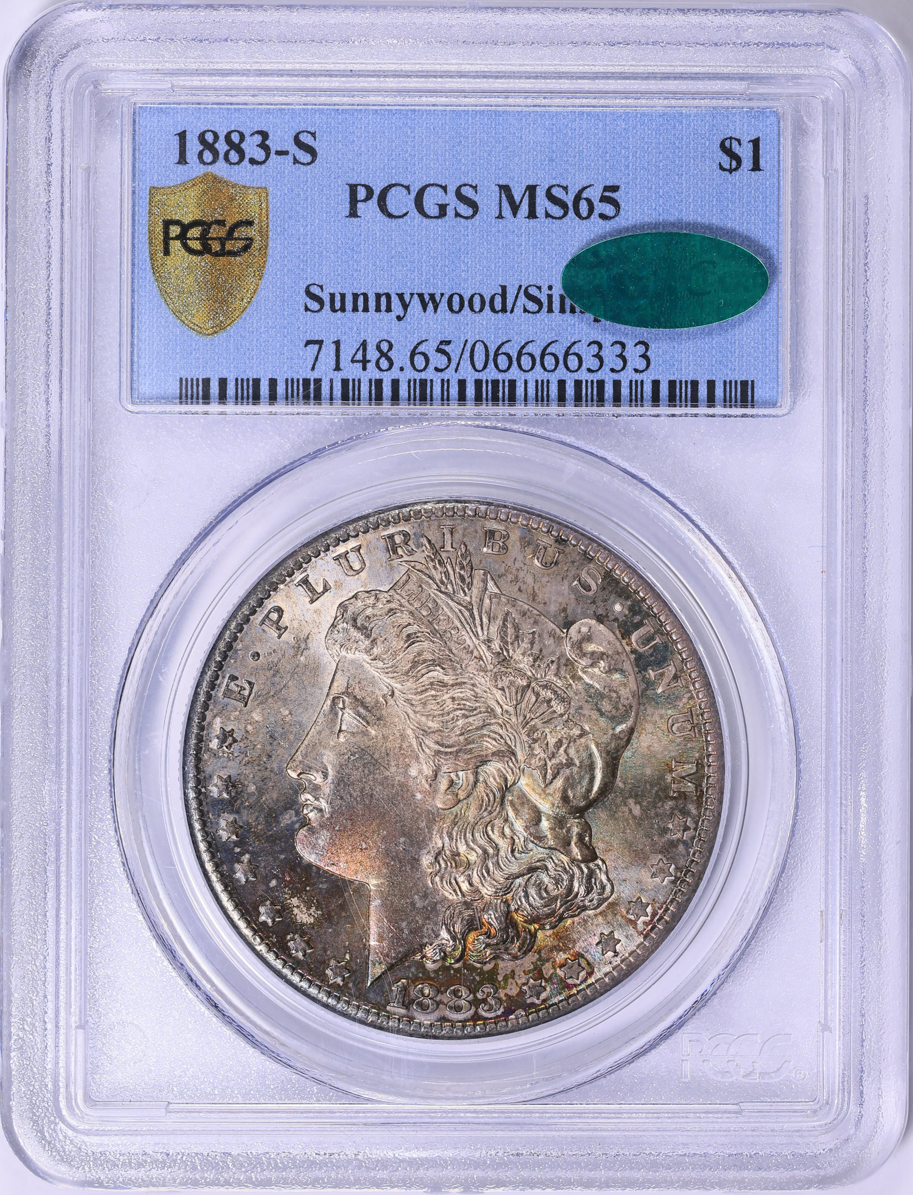 1883-S Morgan Silver Dollar PCGS MS-65 (CAC Green) (Toned