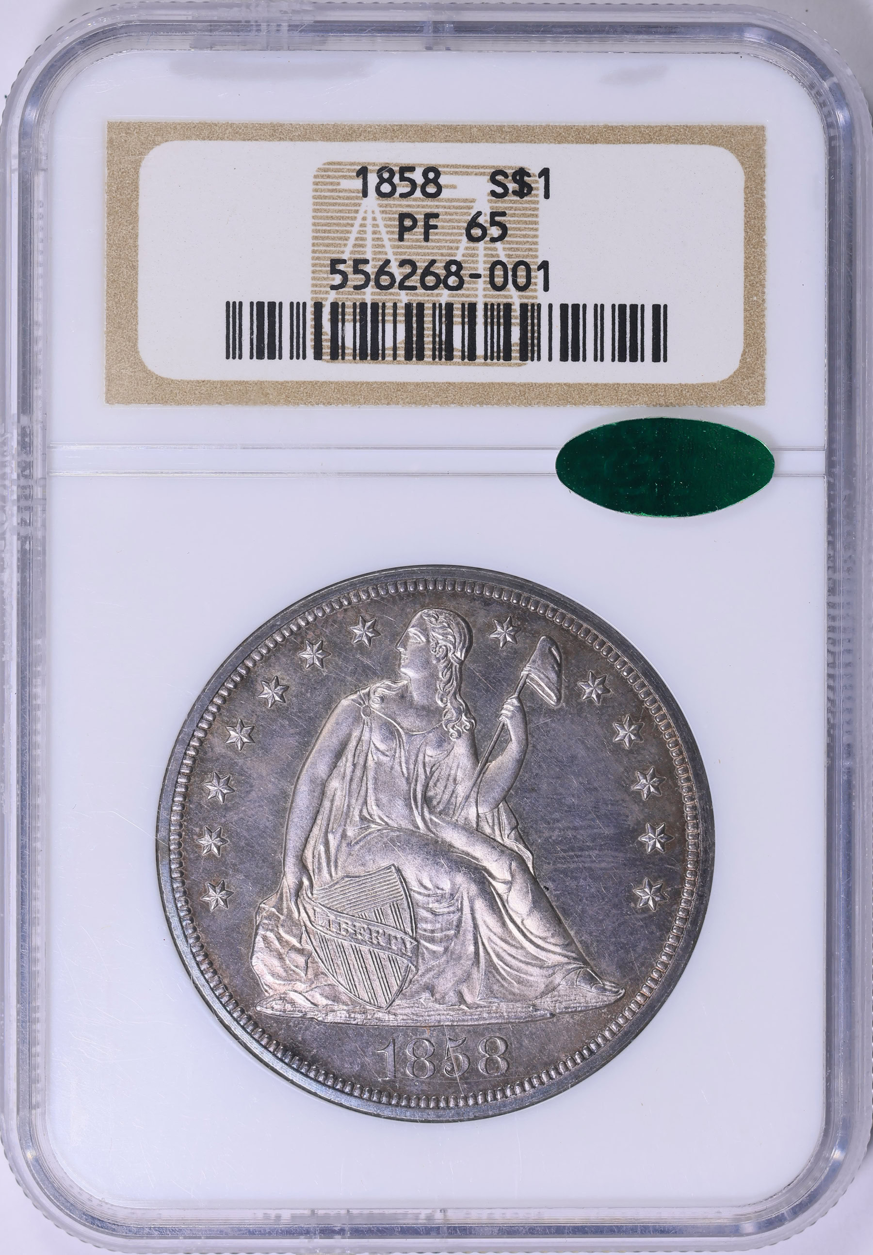 1858 Seated Liberty Silver Dollar NGC Proof-65 (CAC Green) (Item