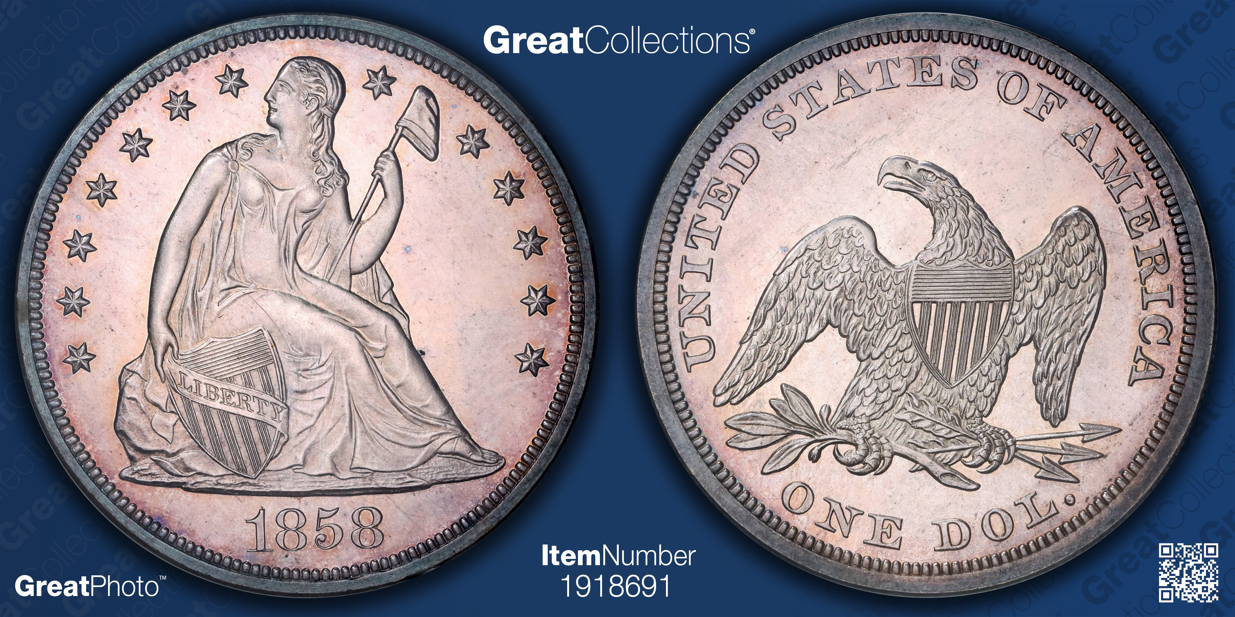 1858 Seated Liberty Silver Dollar NGC Proof-65 (CAC Green) (Item