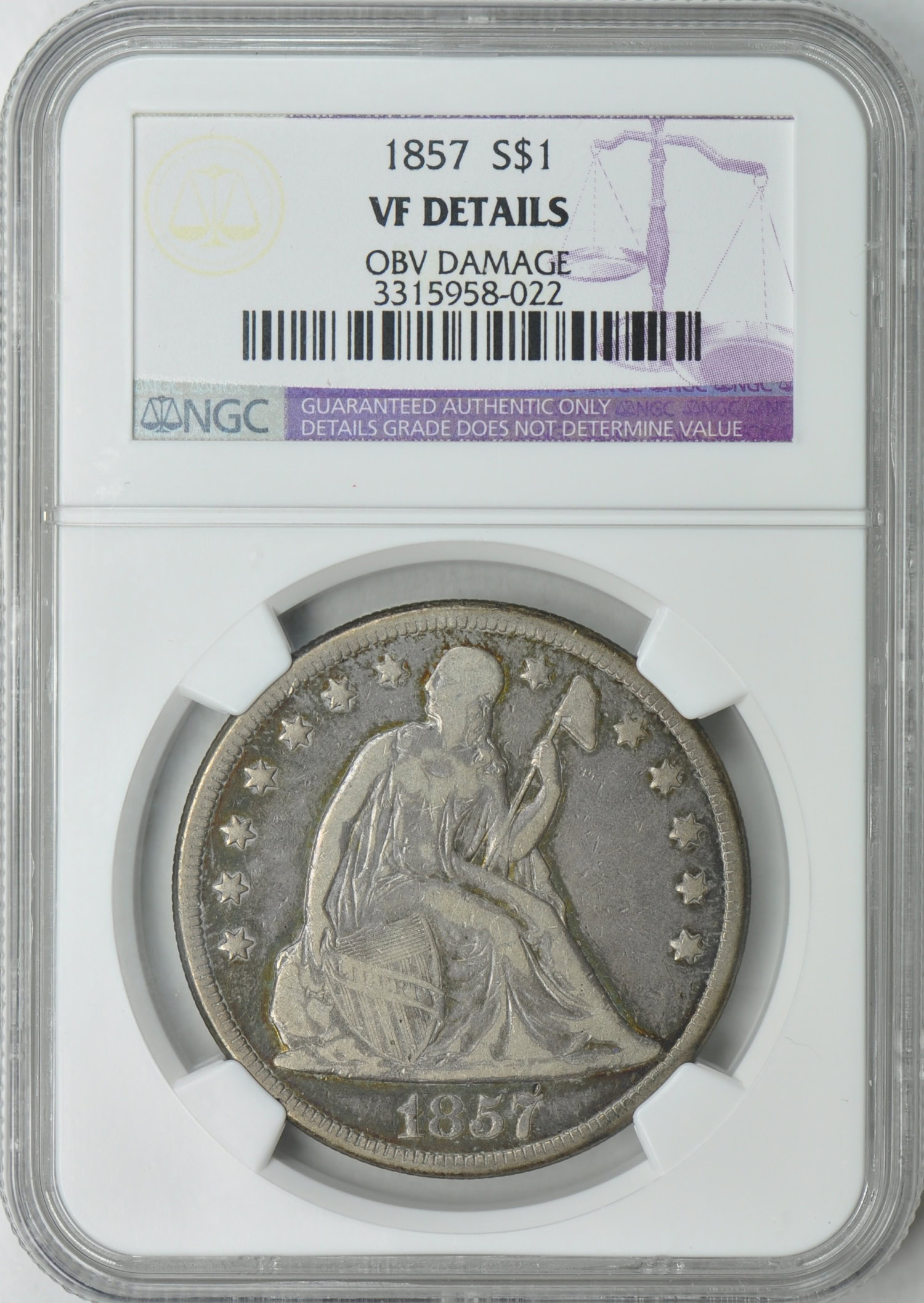 1857 Seated Liberty Silver Dollar NGC VF Details (Item 192034