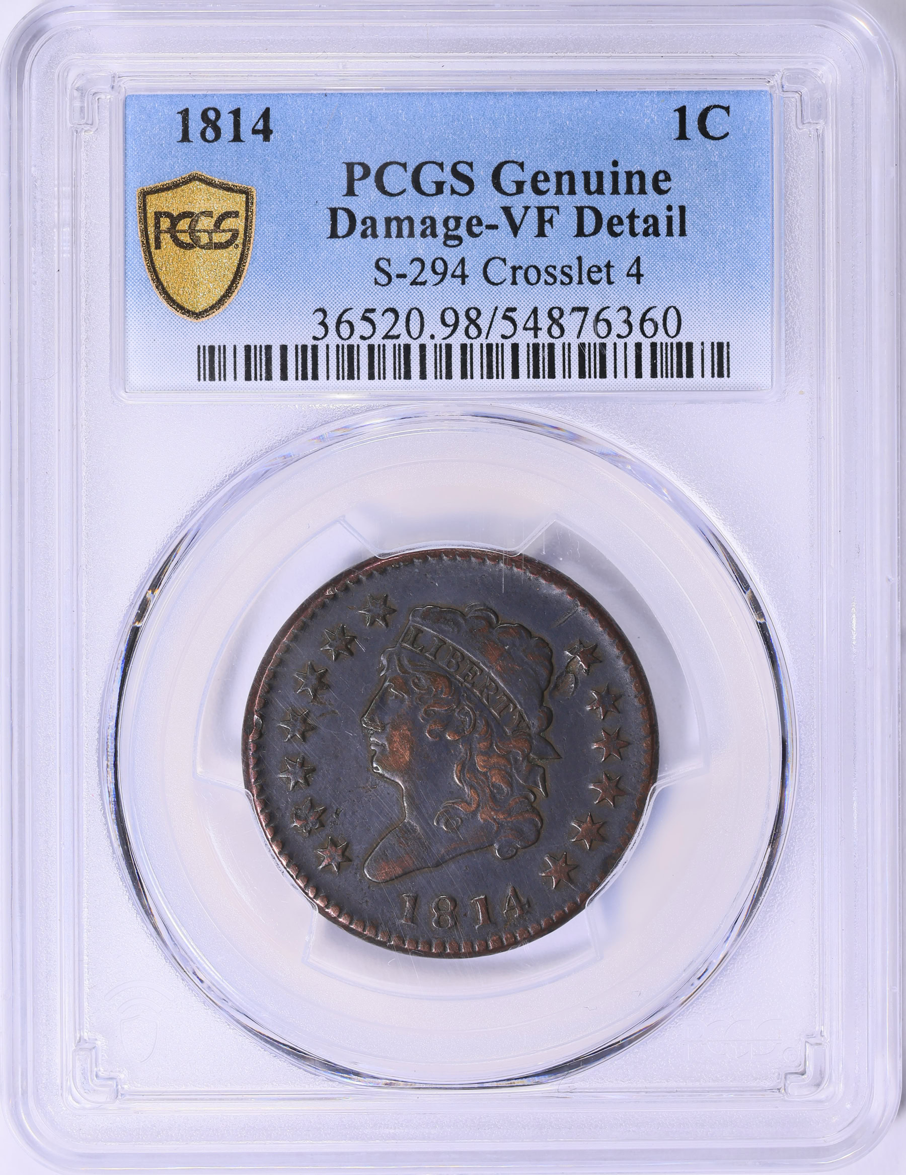 1814 Classic Cent Crosslet 4 Sheldon 294 PCGS Genuine VF Details (Item ...