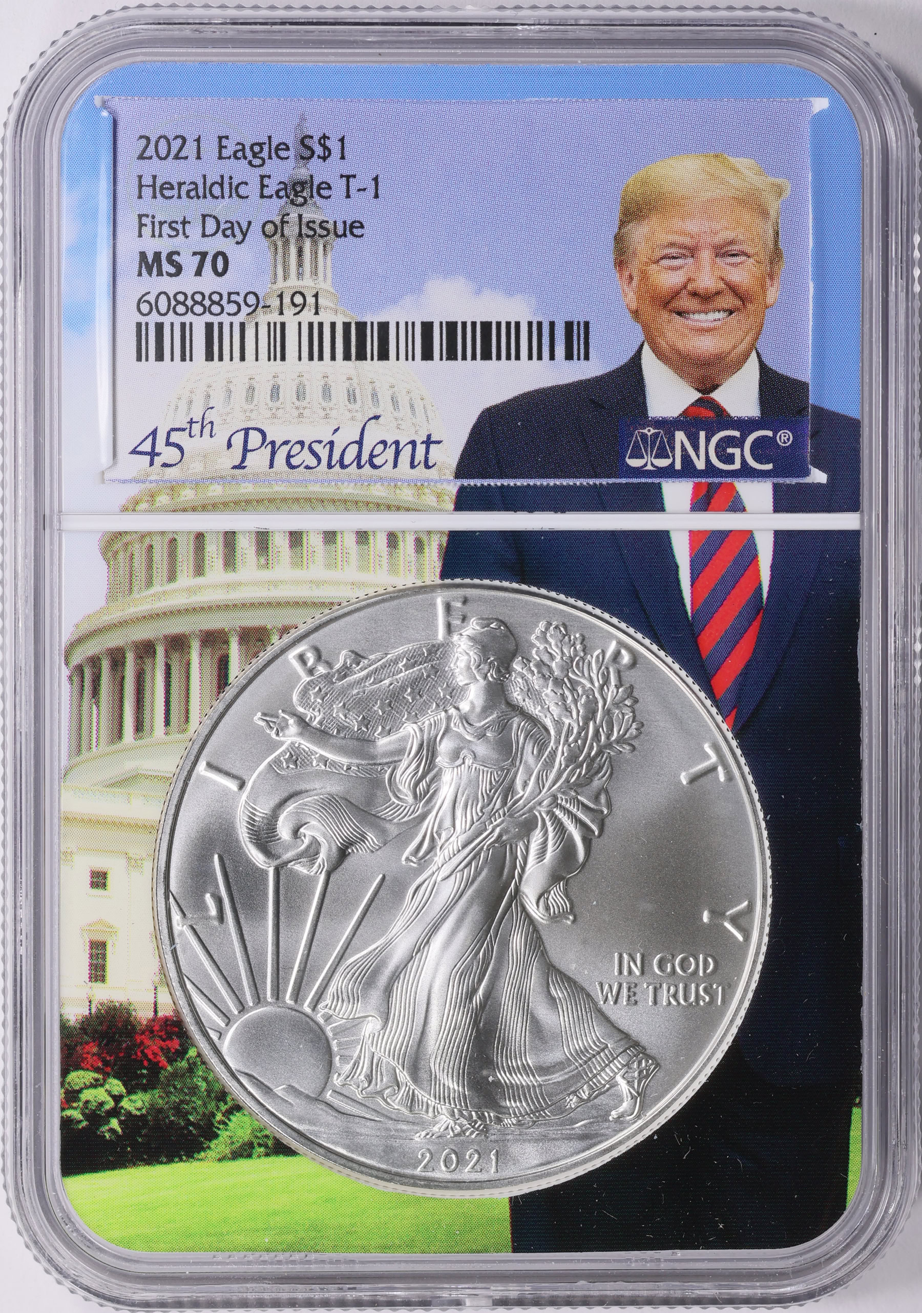 2021 $1 Silver Eagle Type 1 First Day of Issue NGC MS-70 (Donald