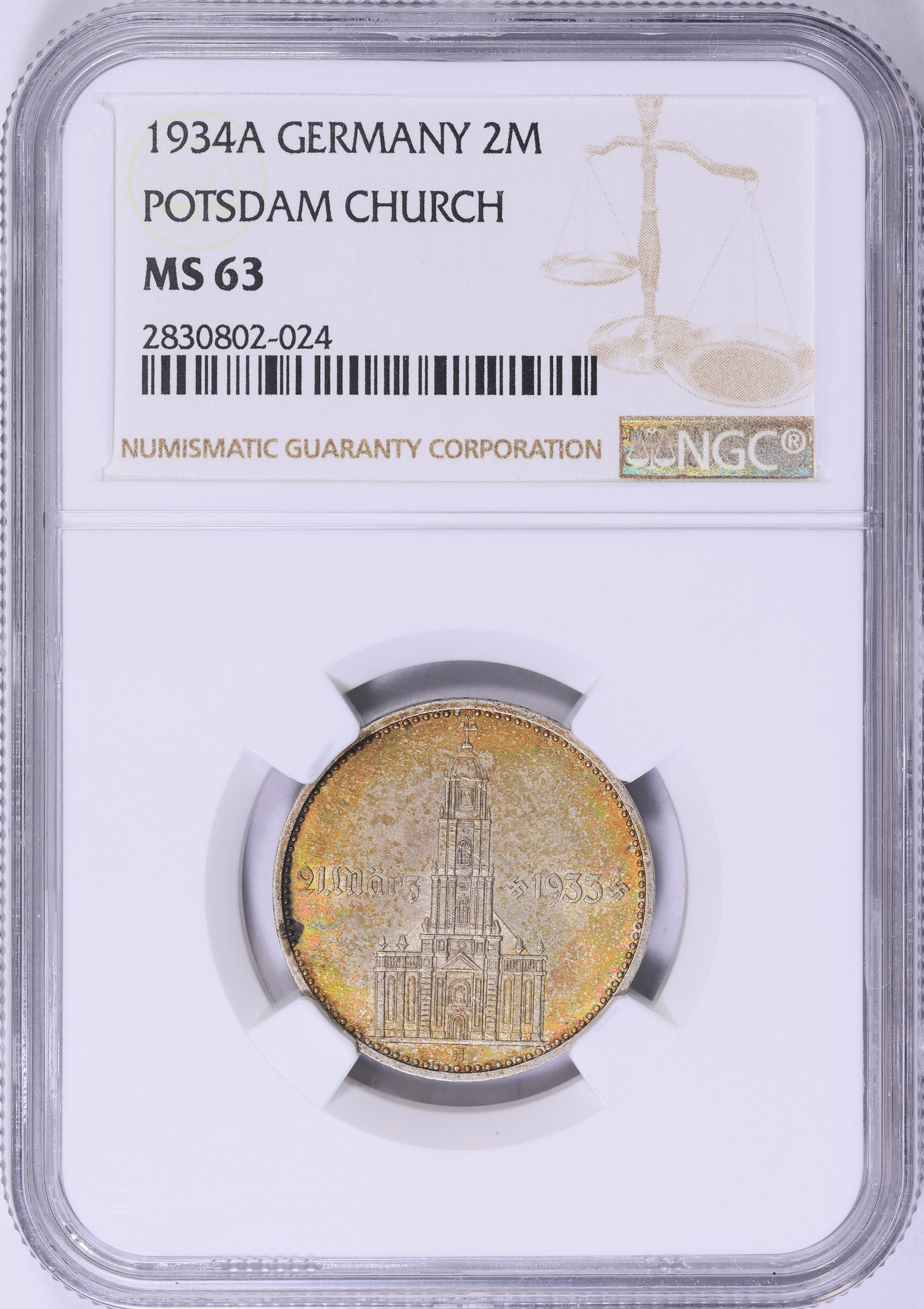 Germany 1934-A Silver 2 Marks Potsdam Garrison Church KM-87 NGC MS
