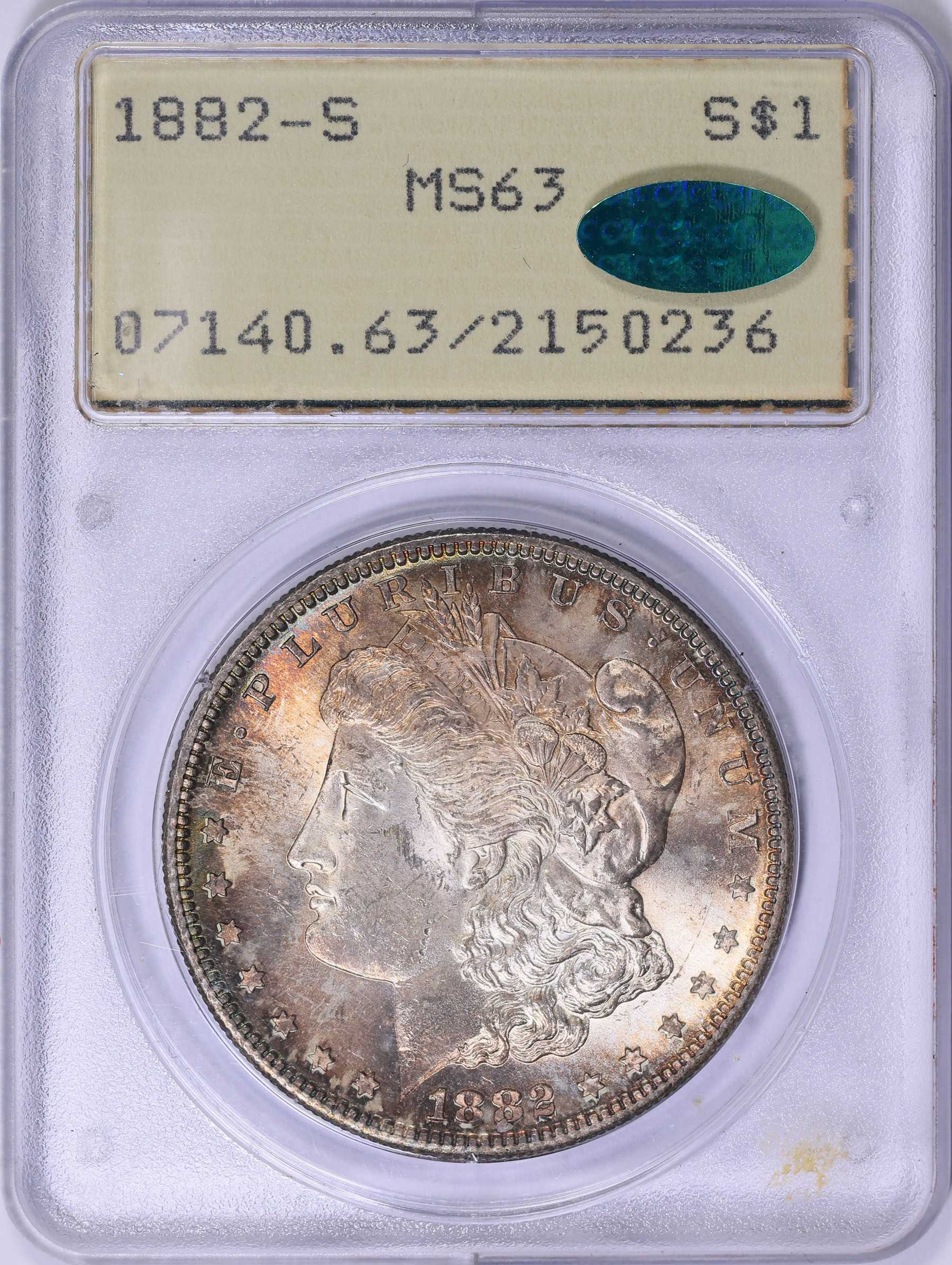 1882-S Morgan Silver Dollar PCGS MS-63 (CAC Green) OGH (1st Gen