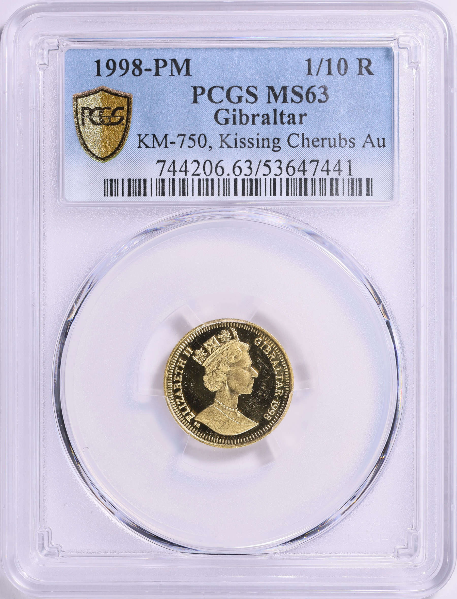 Gibraltar 1998-PM Gold 1/10 Royal Kissing Cherubs KM-750 PCGS MS
