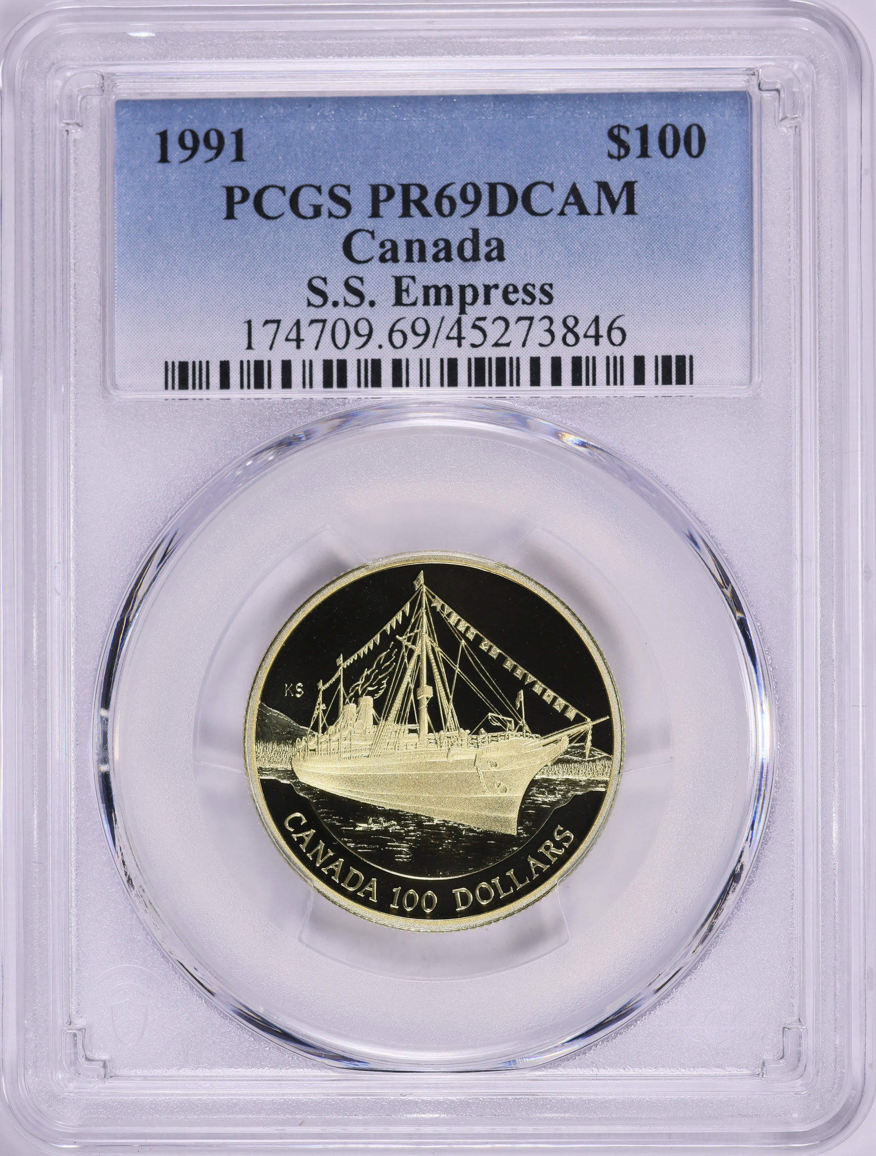 Canada 1991 Gold $100 S.S. Empress of India KM-180 PCGS Proof-69