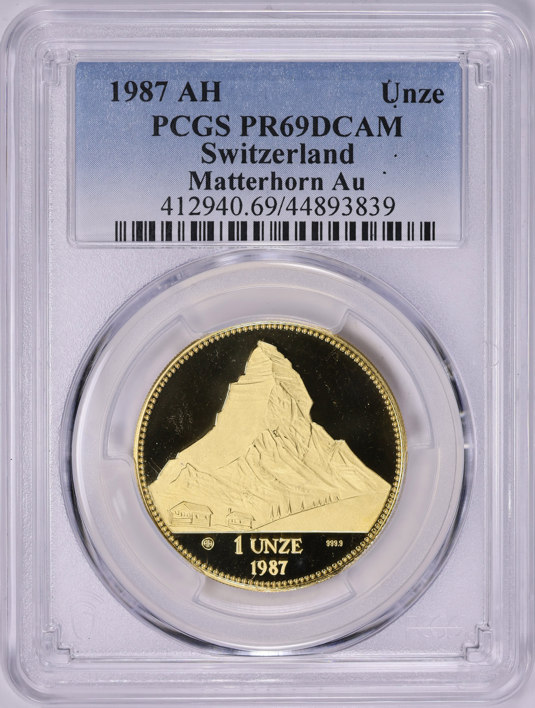 Switzerland 1987-AH Gold Unze Matterhorn KM-XMB14 PCGS Proof-69