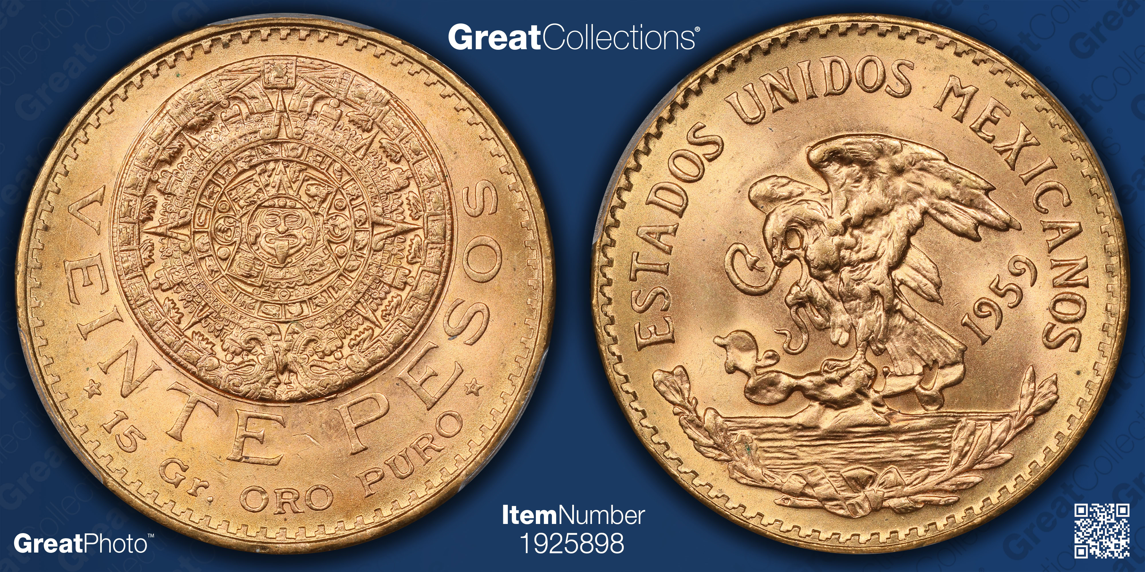 Mexico 1959 Gold 20 Pesos KM-478 PCGS MS-66 (AGW = 0.4822 Oz