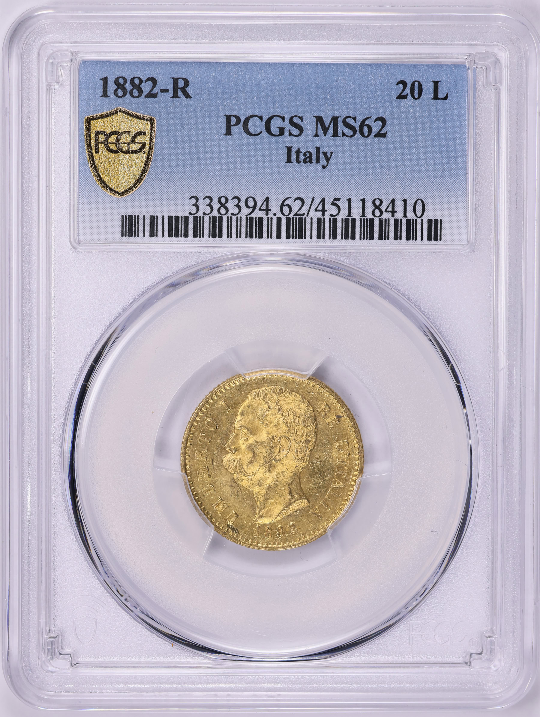 Italy 1882-R Gold 20 Lire KM-21 PCGS MS-62 (AGW = 0.1867 Oz