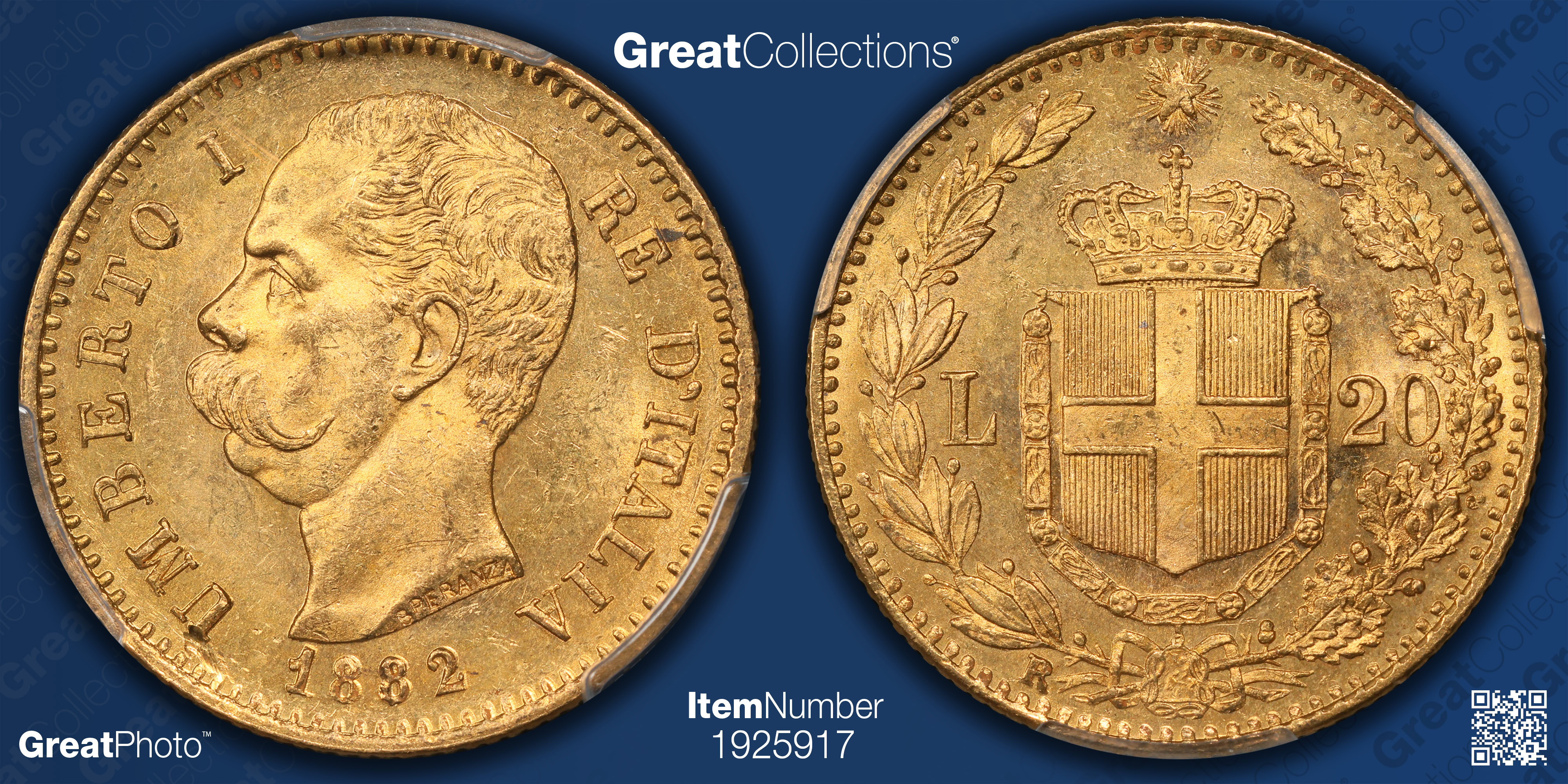 Italy 1882-R Gold 20 Lire KM-21 PCGS MS-62 (AGW = 0.1867 Oz
