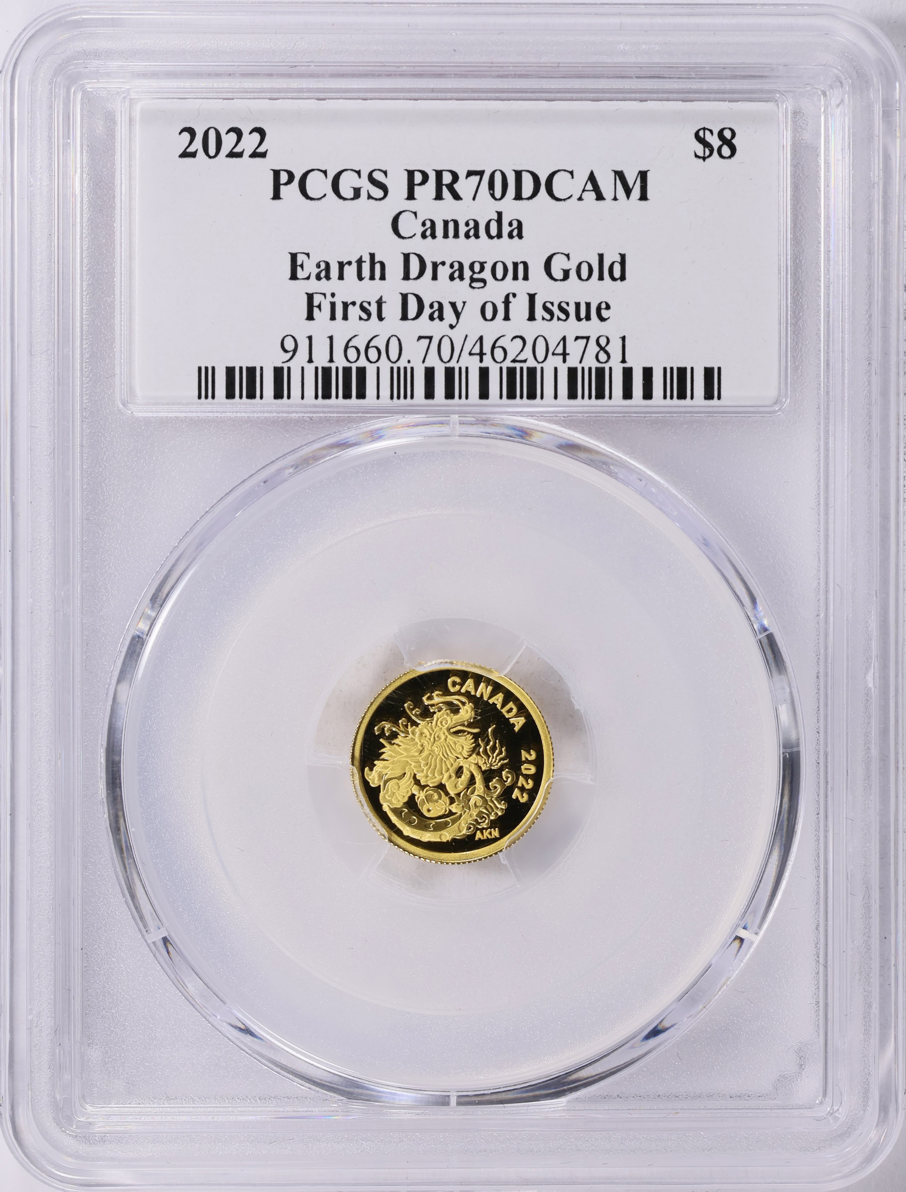 Canada 2022 Gold $8 Earth Dragon KM-3207 First Day of Issue PCGS Proof ...