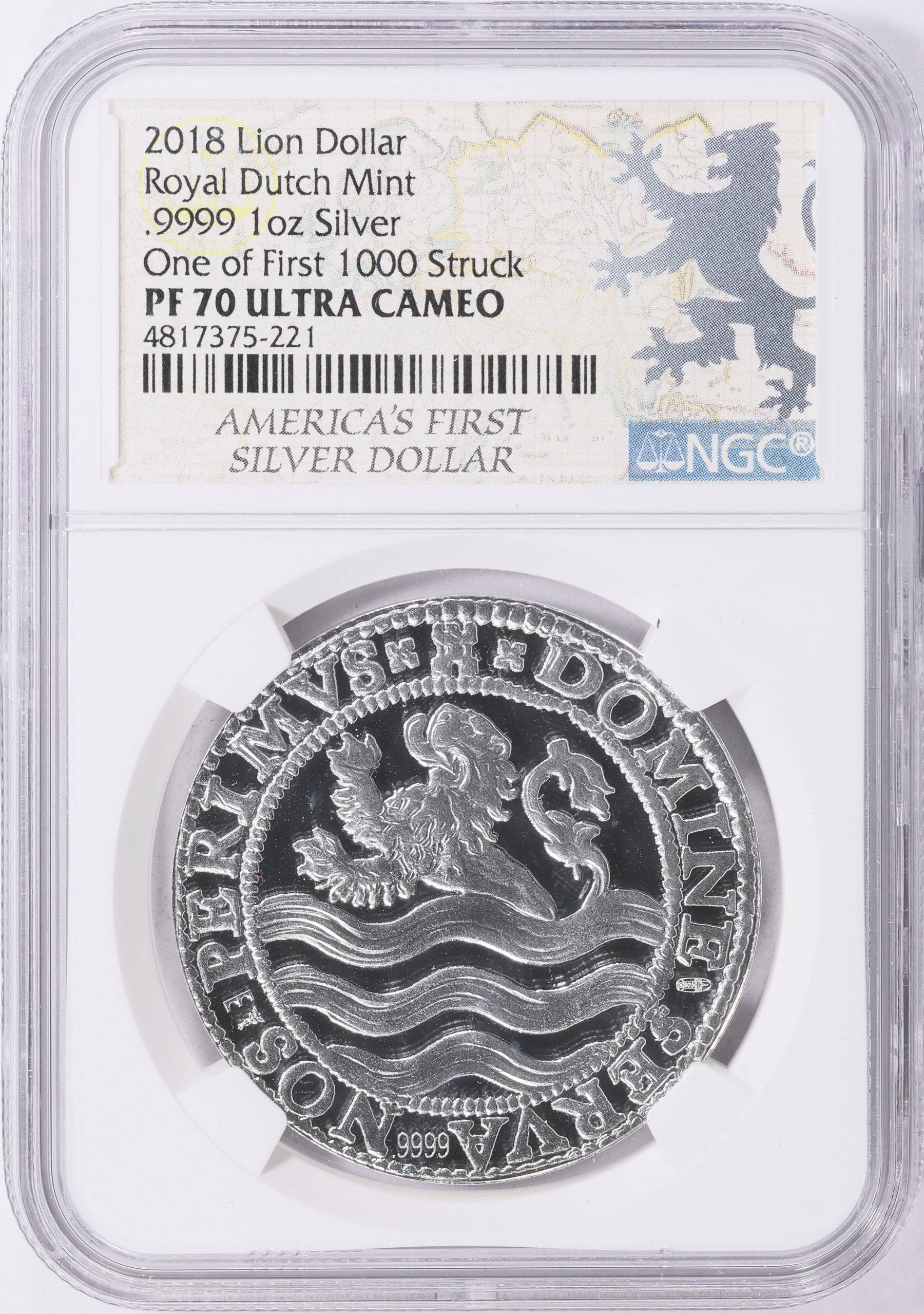 Netherlands 2018 Silver Lion Dollar Restrike NGC Proof-70 UC (Item