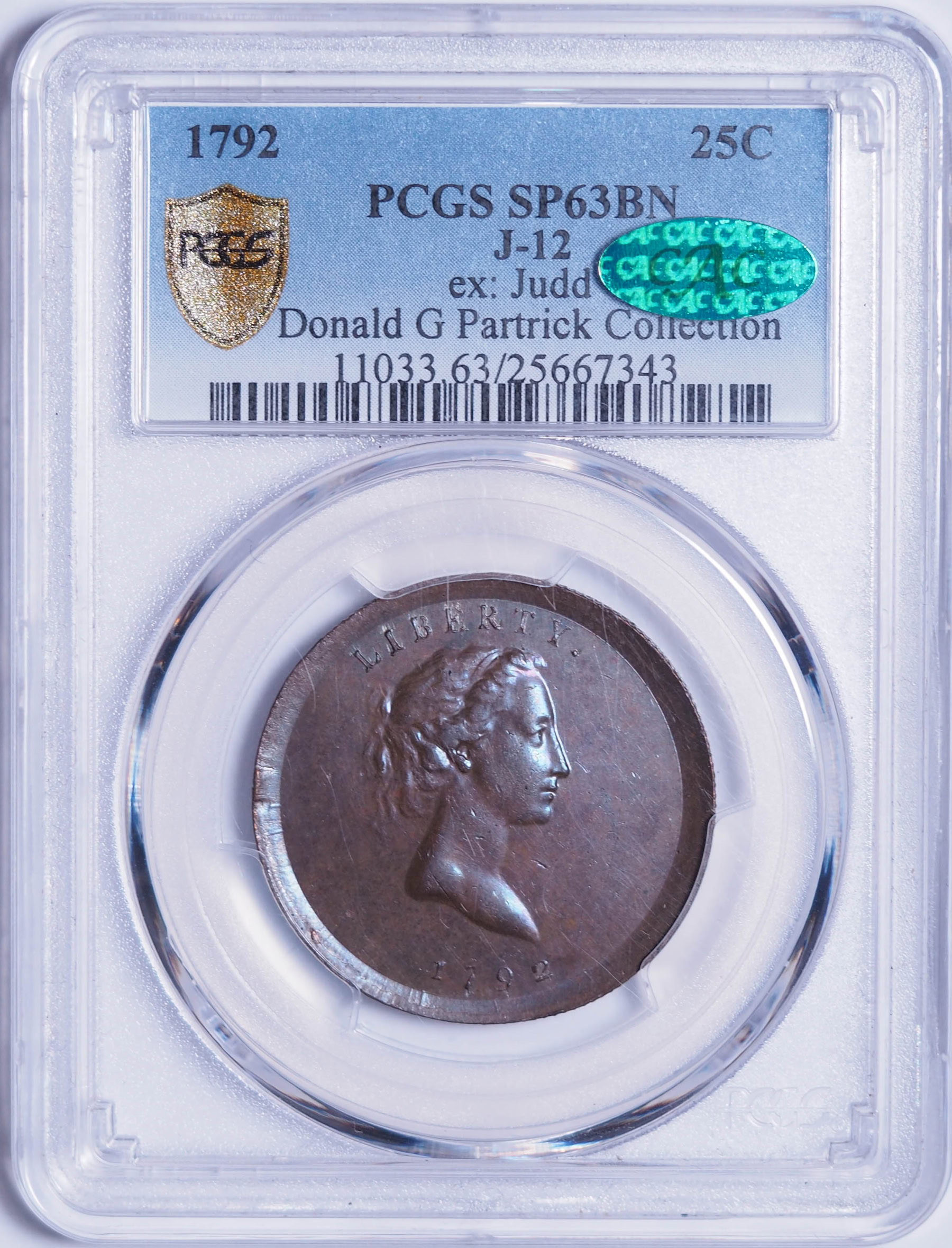Pattern 1792 Wright Eagle on Globe Quarter Judd-12 PCGS SP-63 BN