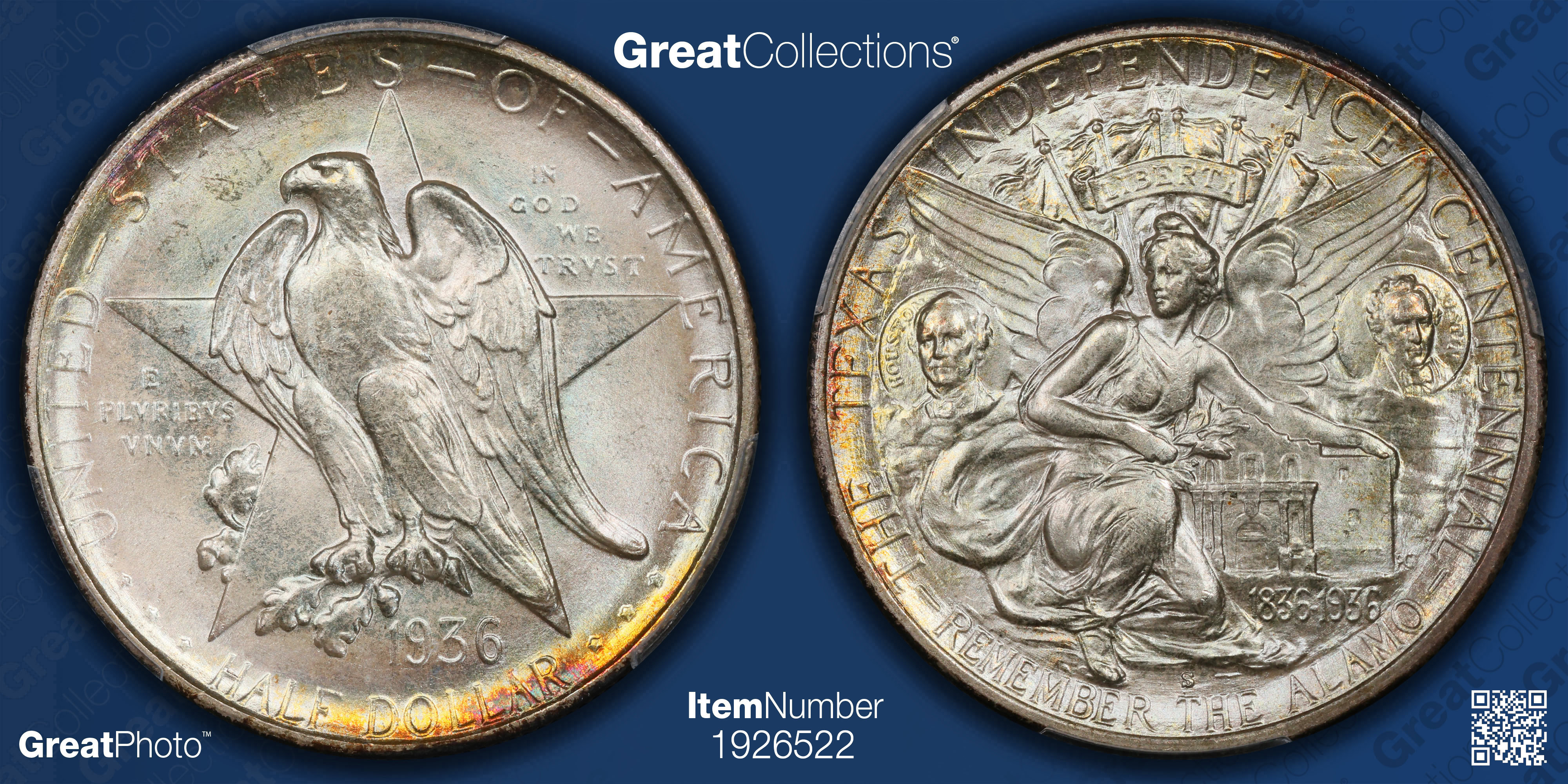 1936-S Texas Centennial Half Dollar PCGS MS-68 (Toned) (Item