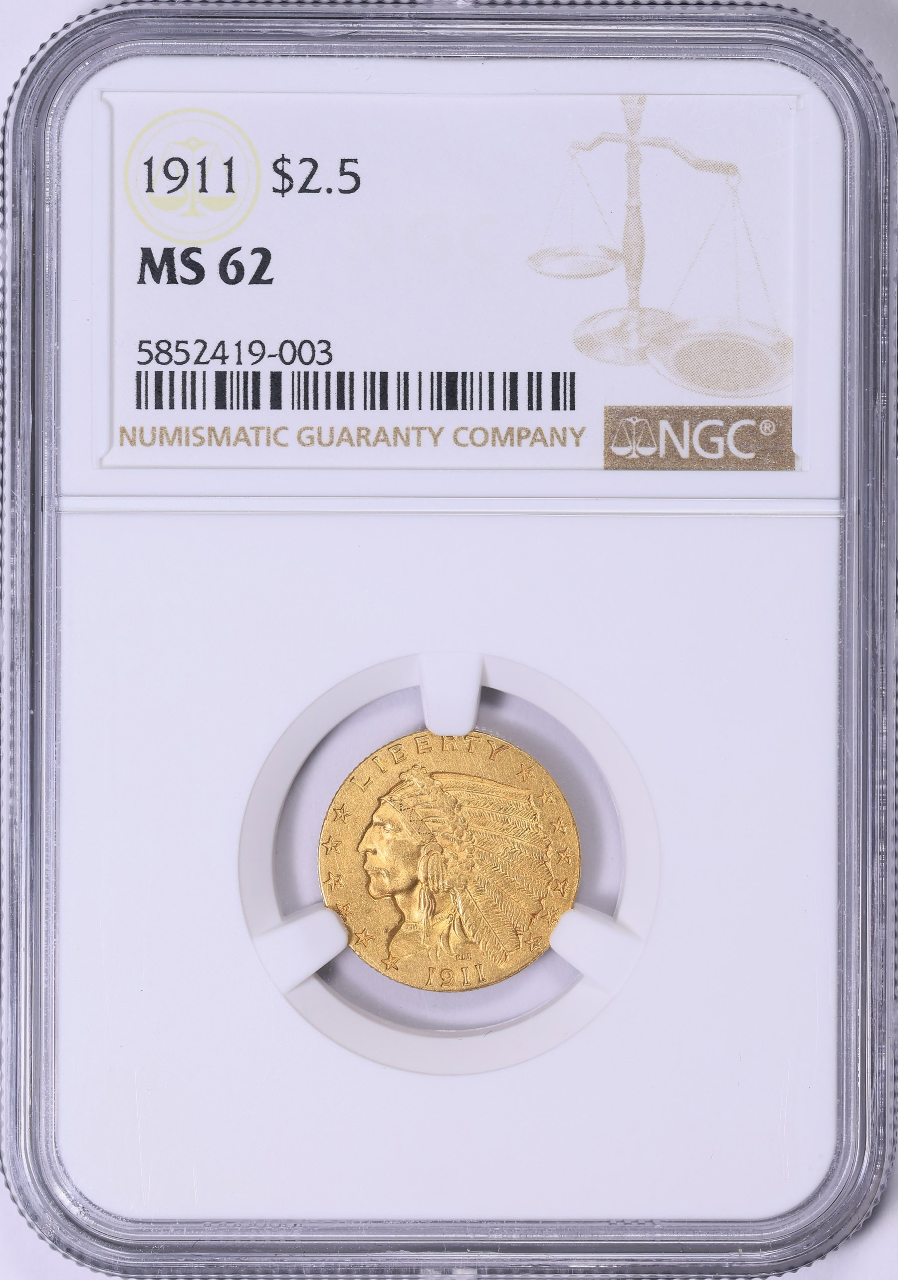 1911年 2.5ドル 金貨 インディアンヘッドクォーターイーグル PCGS MS62