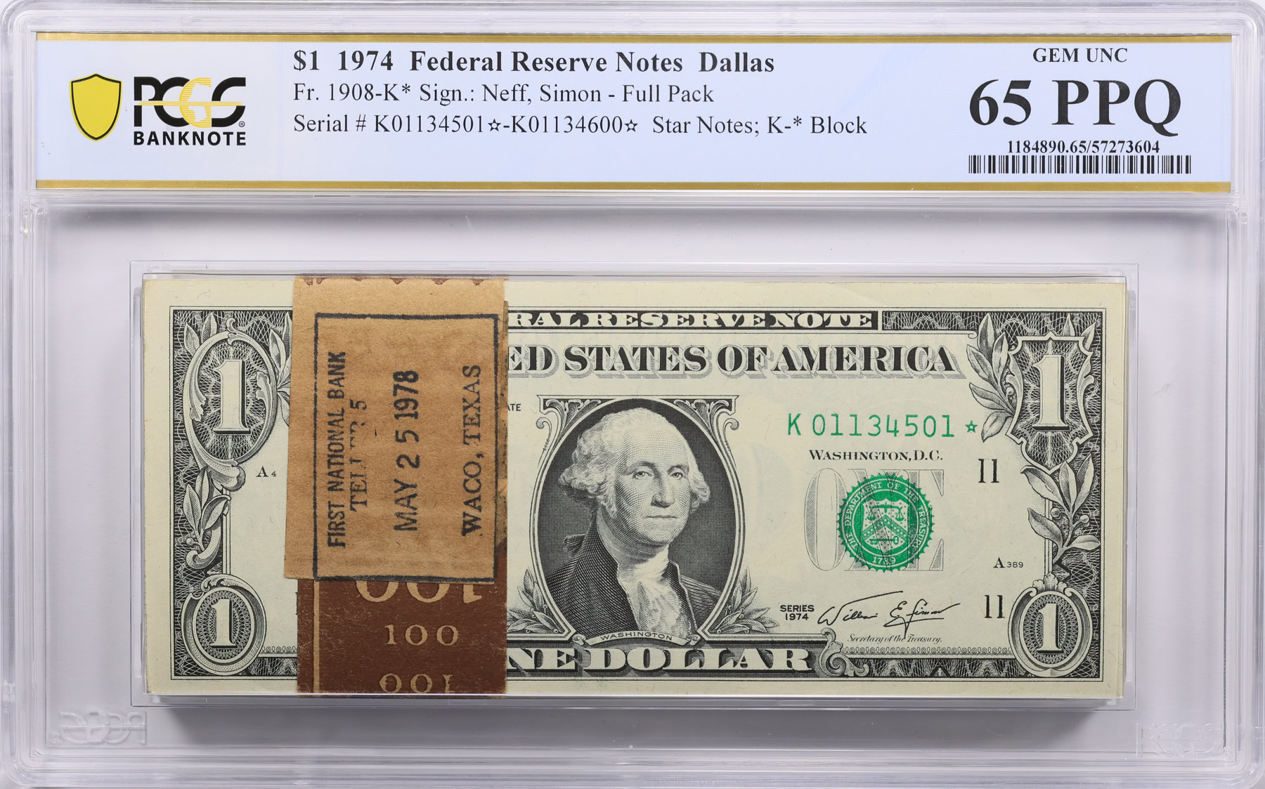 Fr. 1908-K* (K* Block) 1974 $1 Dallas Federal Reserve Star Notes Full ...