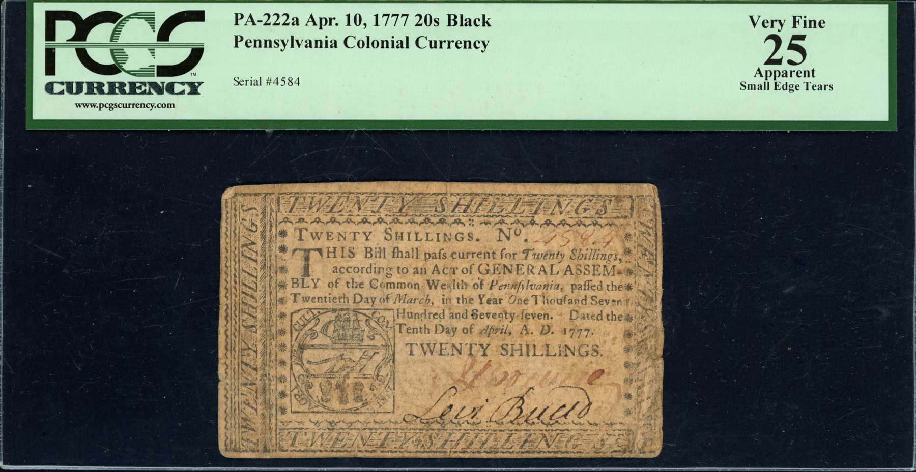 Fr. PA-222a April 10, 1777 20 Shillings Pennsylvania Colonial Note ...