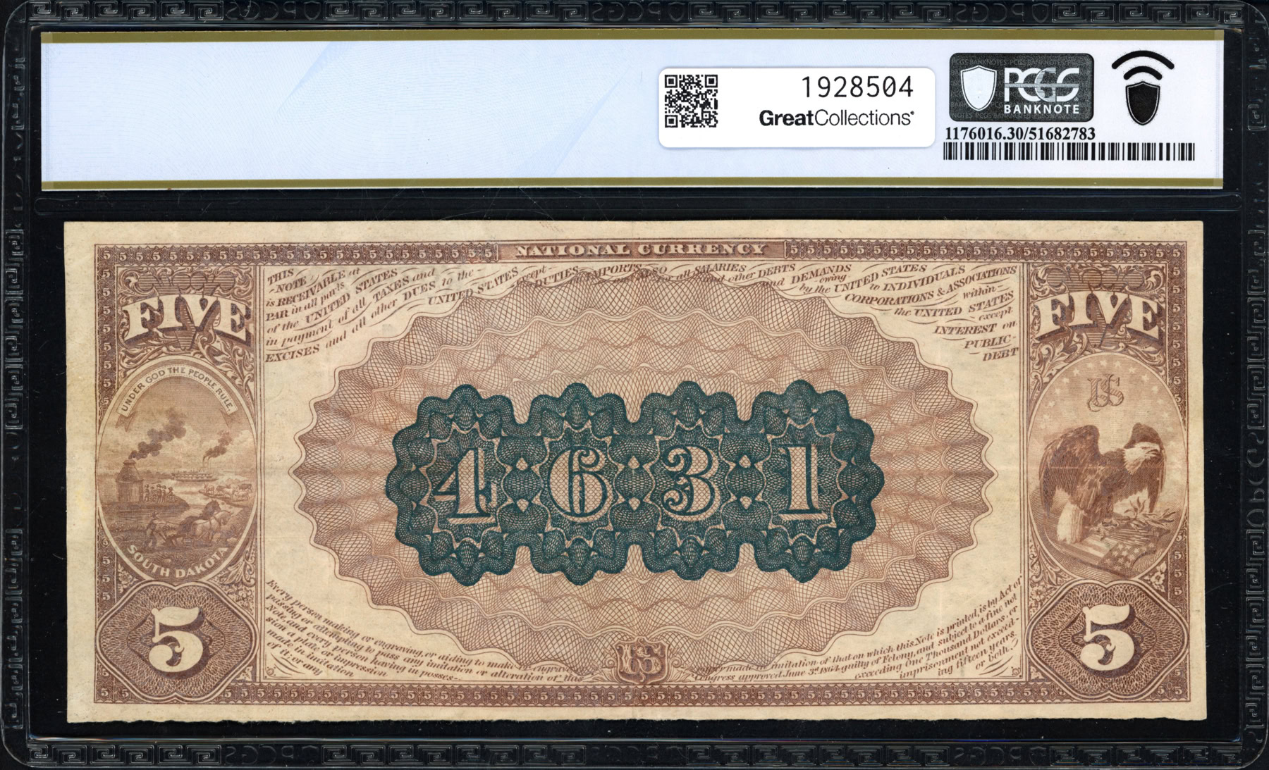 Fr. 472 Lead, South Dakota 1882 $5 Brown Back Note *Serial Number 1 ...