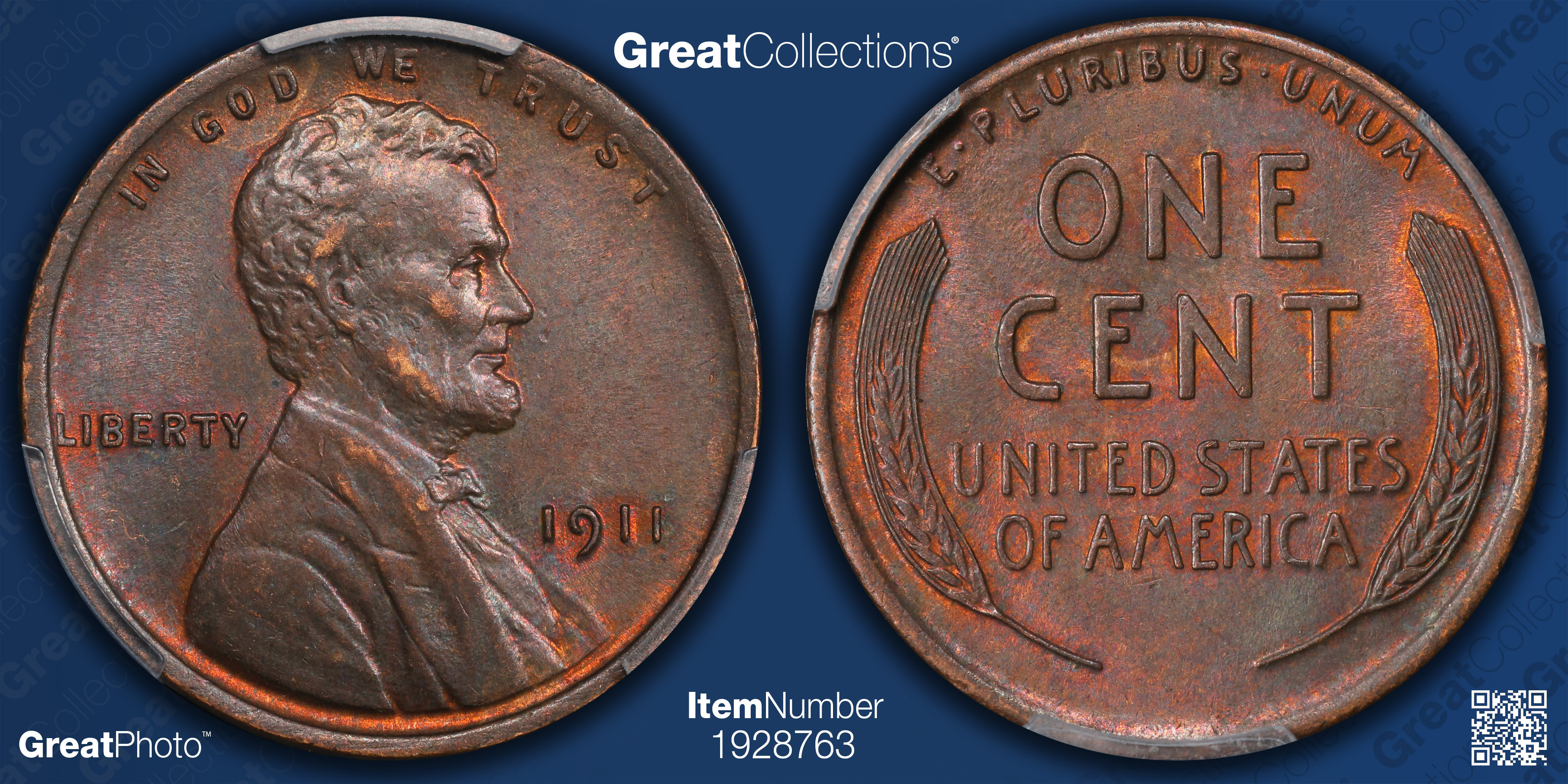 1911 Lincoln Cent PCGS AU-58 BN (Item 1928763) | GreatCollections Coin ...