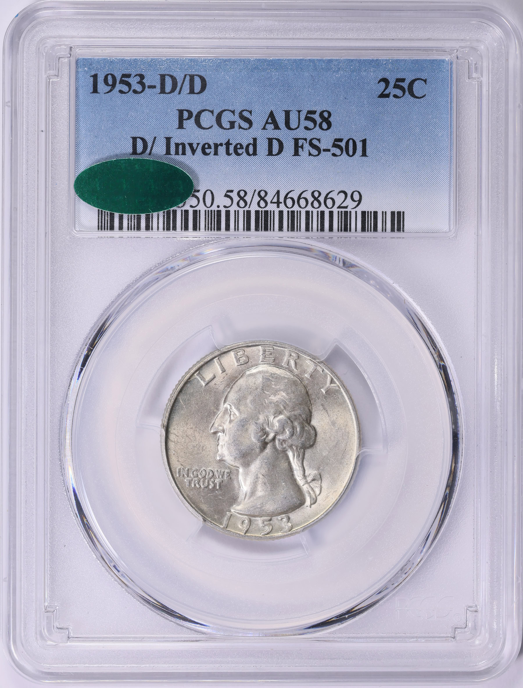 1953-D/D Washington Quarter D/ Inverted D FS-501 PCGS AU-58 (CAC Green ...