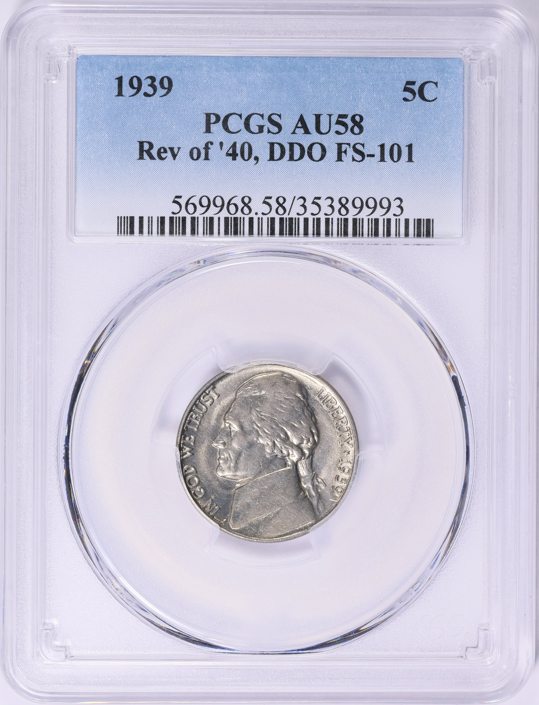 1939 Jefferson Nickel Reverse of 1940, DDO FS-101 PCGS AU-58 (Item