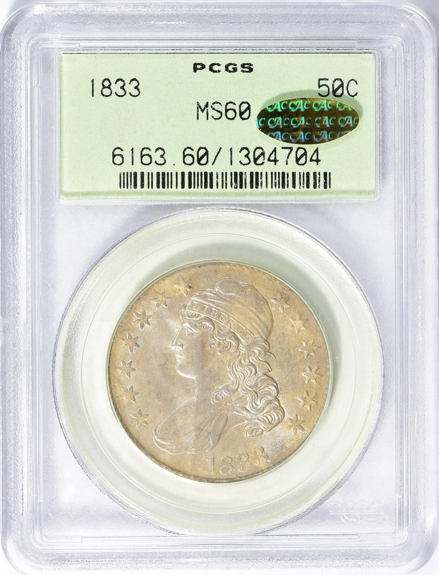 1833 Capped Bust Half Dollar PCGS MS-60 (CAC Gold) OGH (Toned 