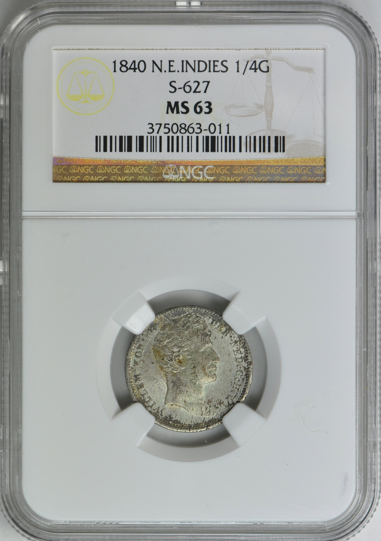 Netherlands East Indies 1840 Silver 1/4 Gulden S-627 NGC MS-63