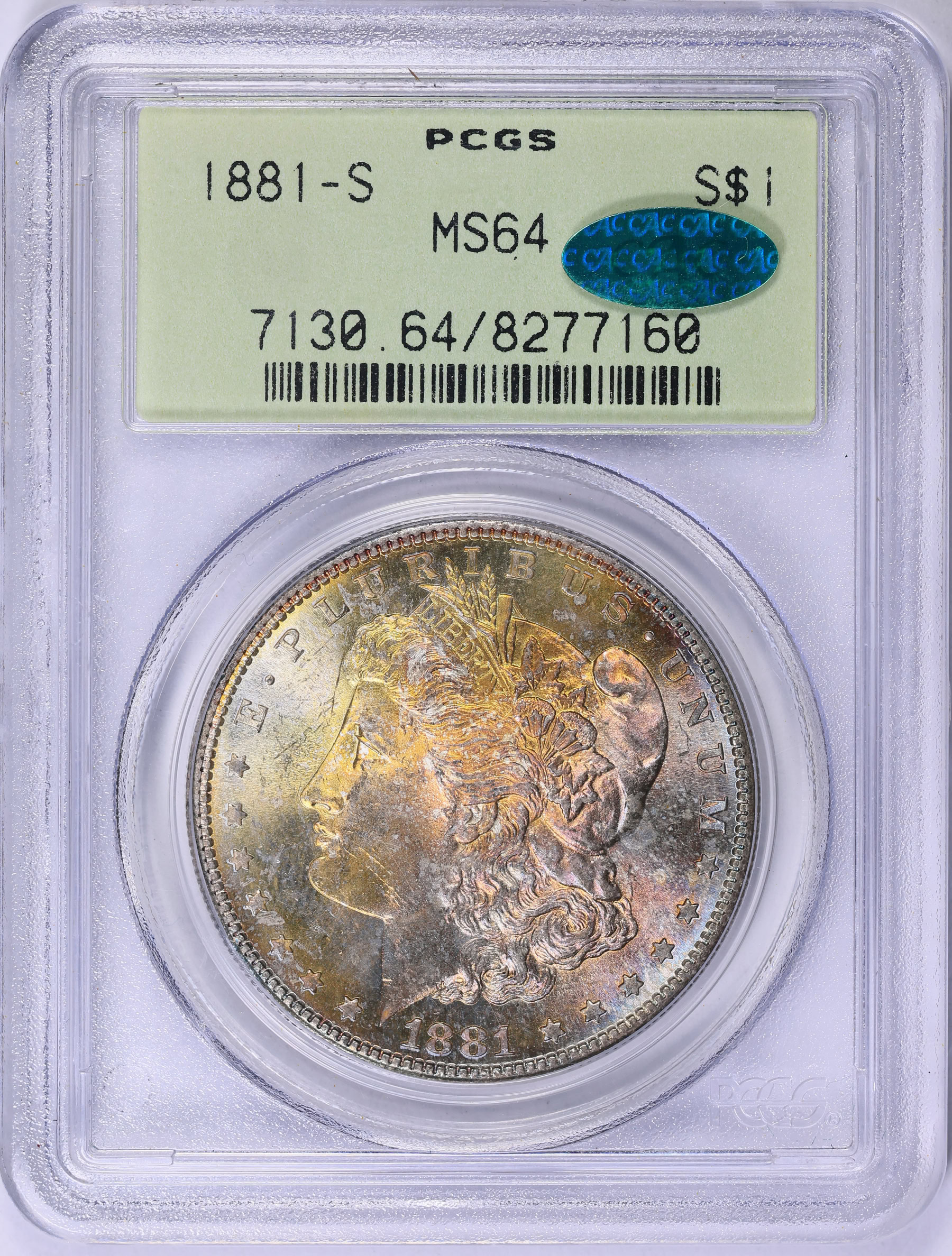1881-S モルガン・ダラー PCGS MS64 1881-S Morgan Silver Dollar PCGS MS-64 (CAC Green) (Toned) OGH