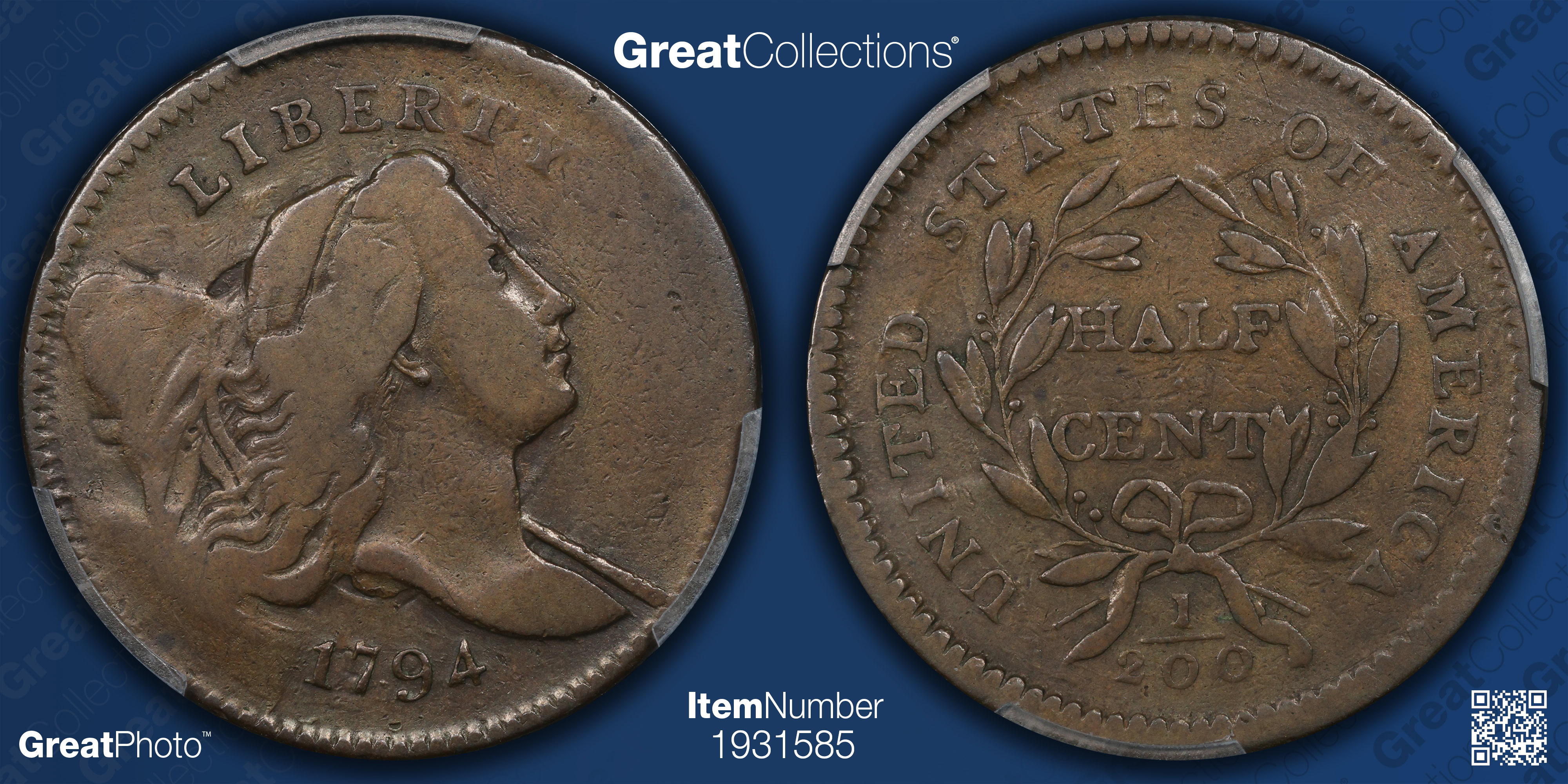 1794 Liberty Cap Half Cent Small Edge Letters Cohen 4a PCGS VF-20 BN ...