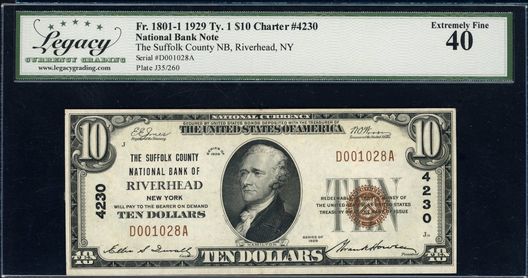 Fr. 1801-1 Riverhead, New York 1929 Type 1 $10 Note The Suffolk County ...