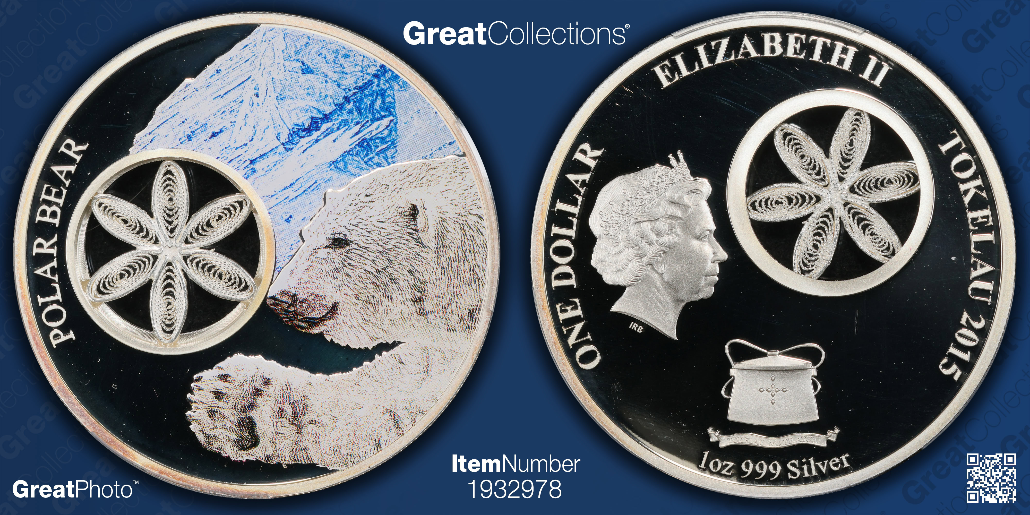 Tokelau Islands 2015 Silver Dollar Snowflake Bear Series Polar