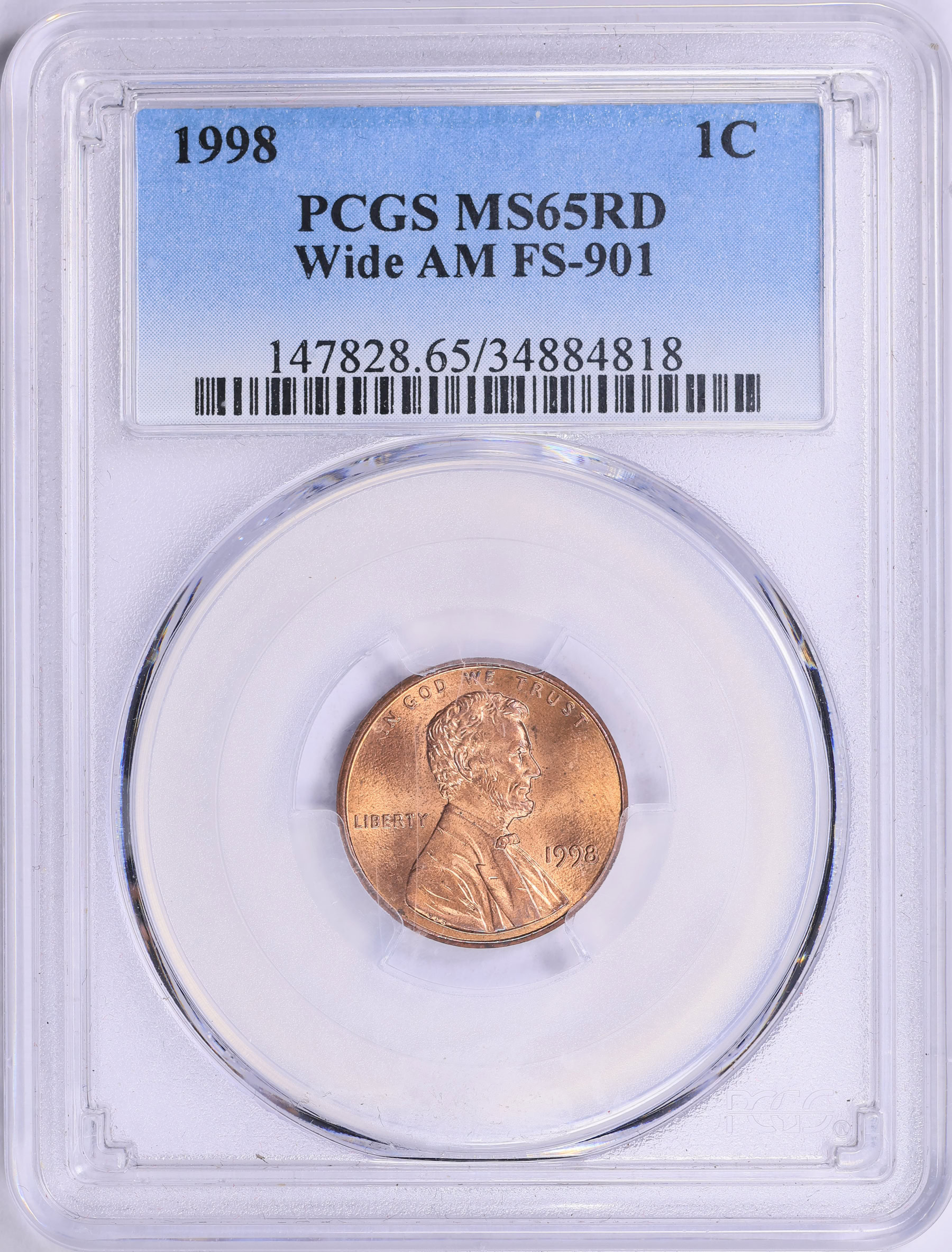 1998 Lincoln Cent Wide AM FS-901 PCGS MS-65 RD (Item 1934406