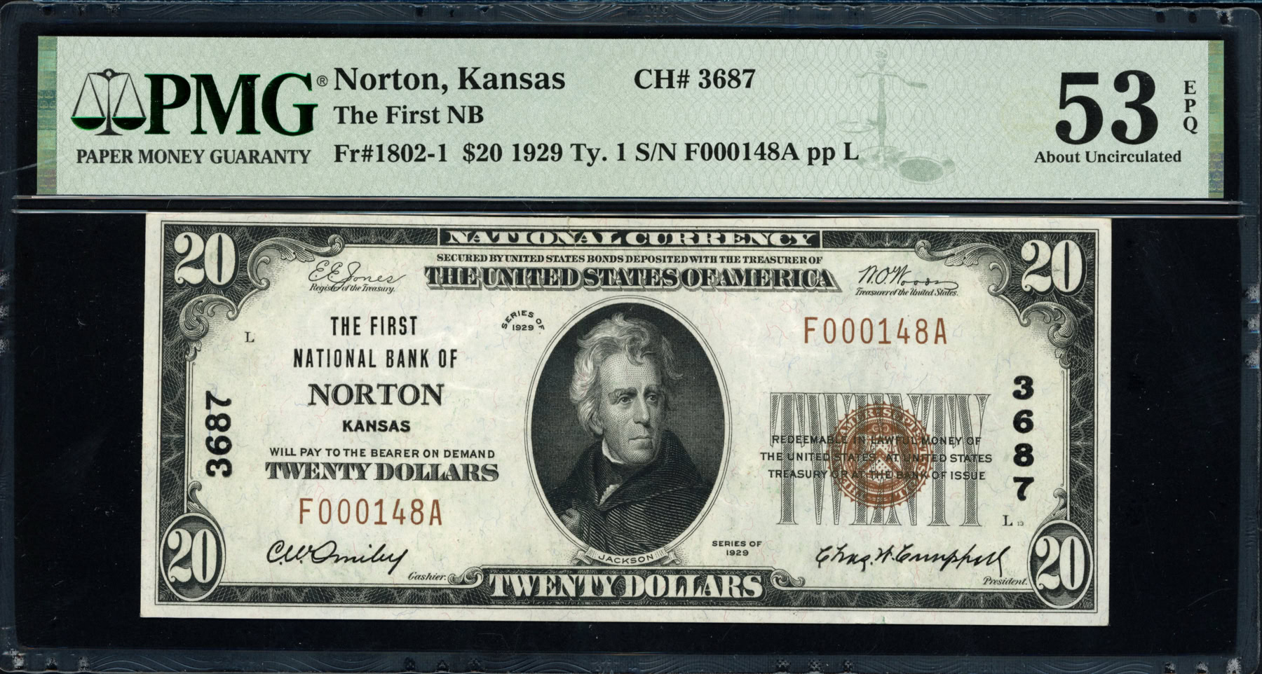 Fr. 1802-1 Norton, Kansas 1929 Type 1 $20 Note The First National Bank ...