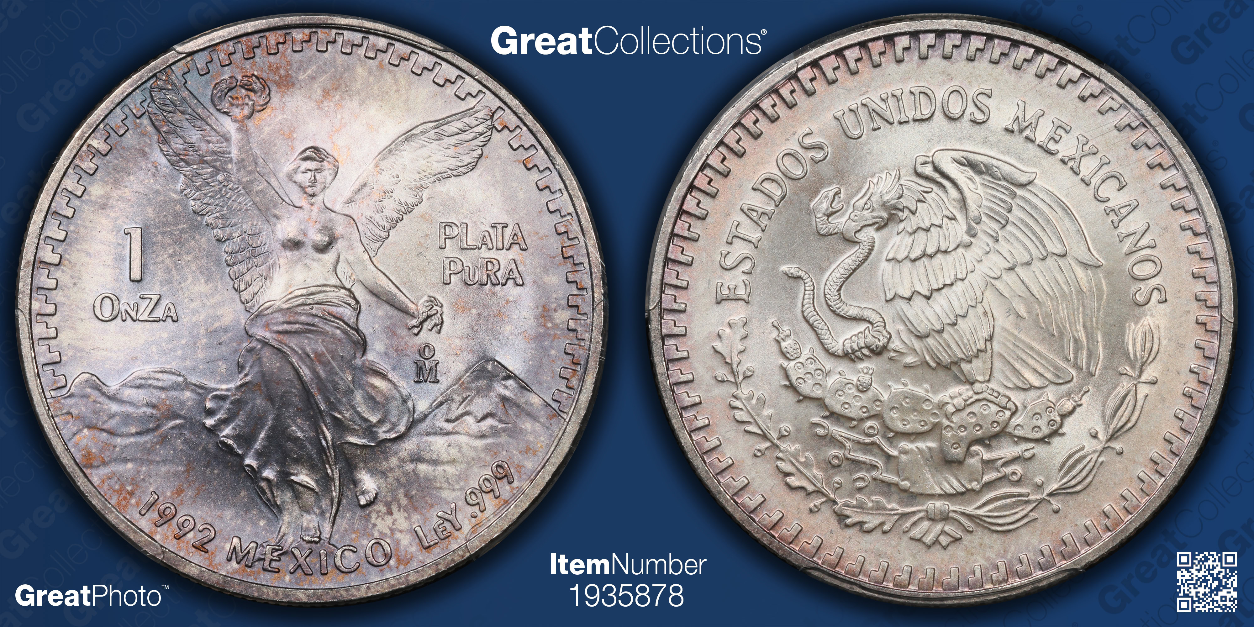 Mexico 1992-Mo Silver Onza Libertad KM-494.3 PCGS MS-67 (Toned