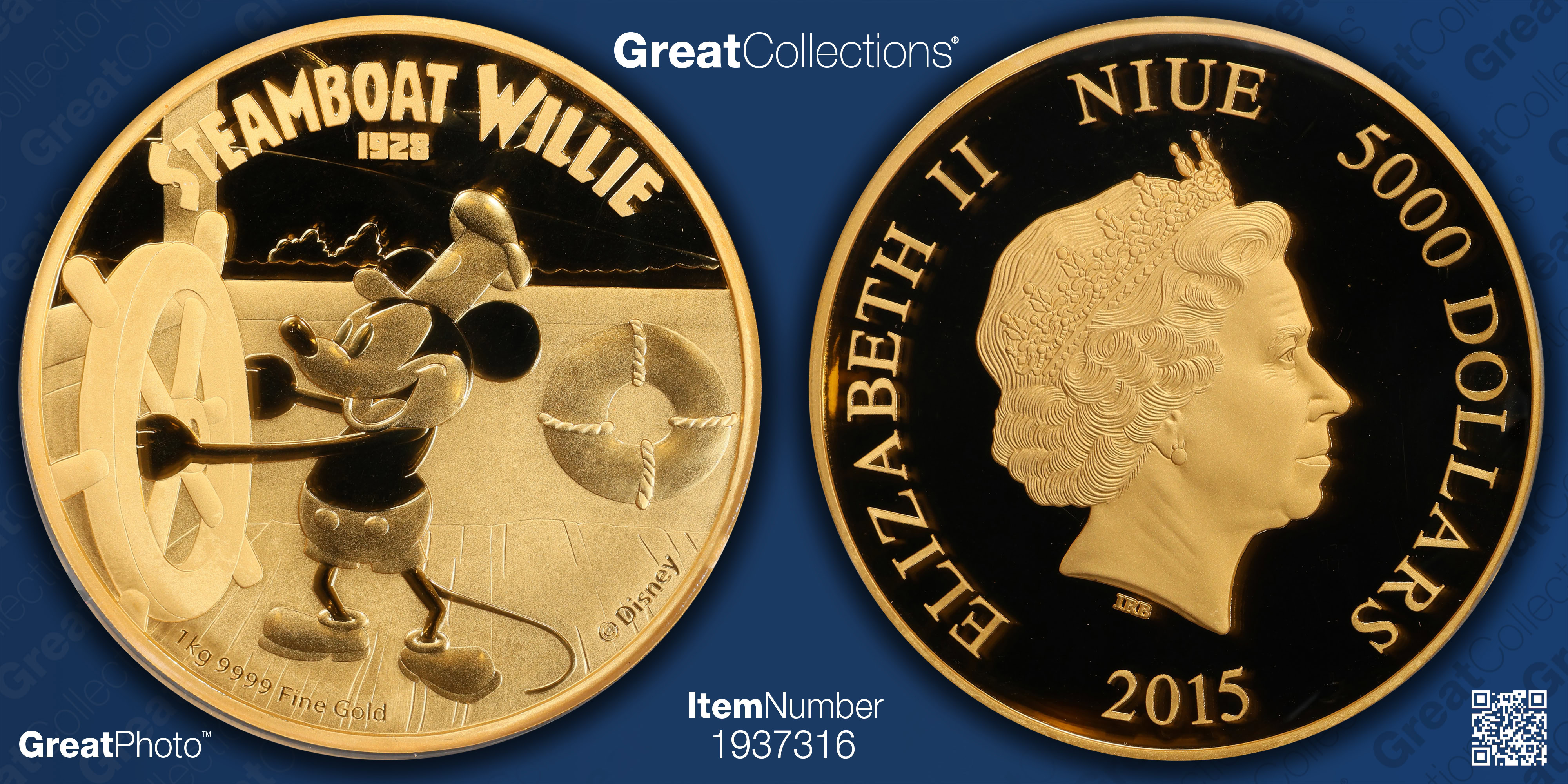 Niue 2015 Gold $5000 Steamboat Willie Disney Kilo PCGS Proof-69