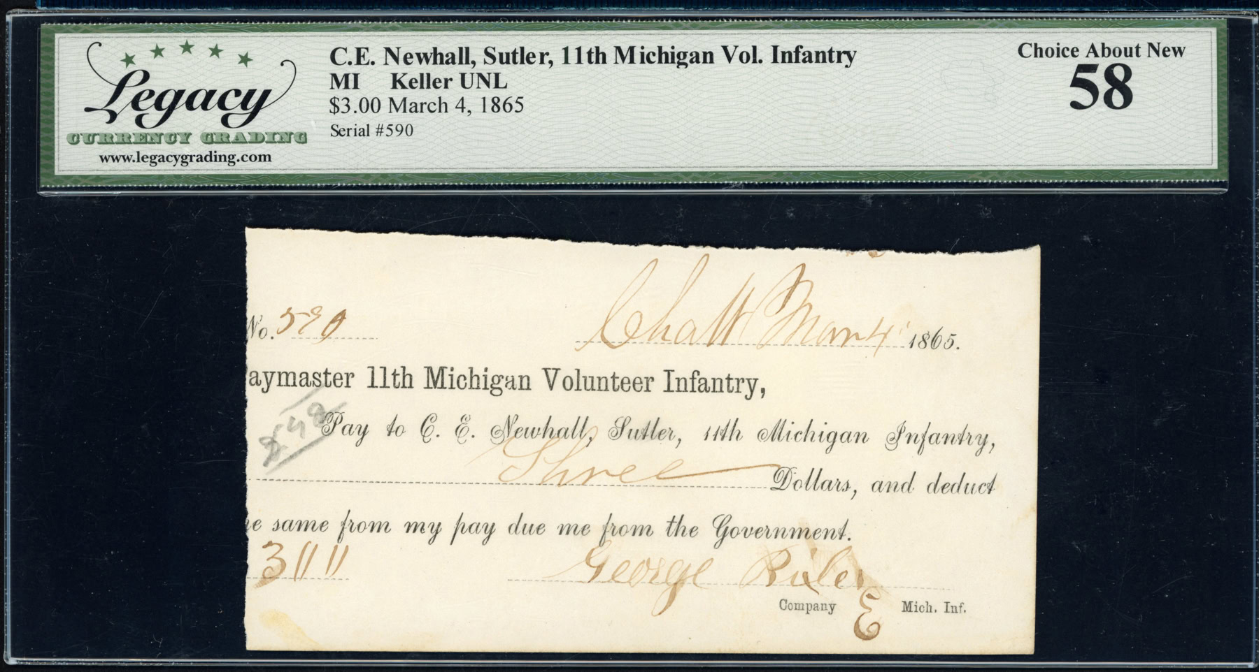 Mar. 4, 1865 11th Michigan Volunteer Infantry $3 C.E. Newhall Sutler ...